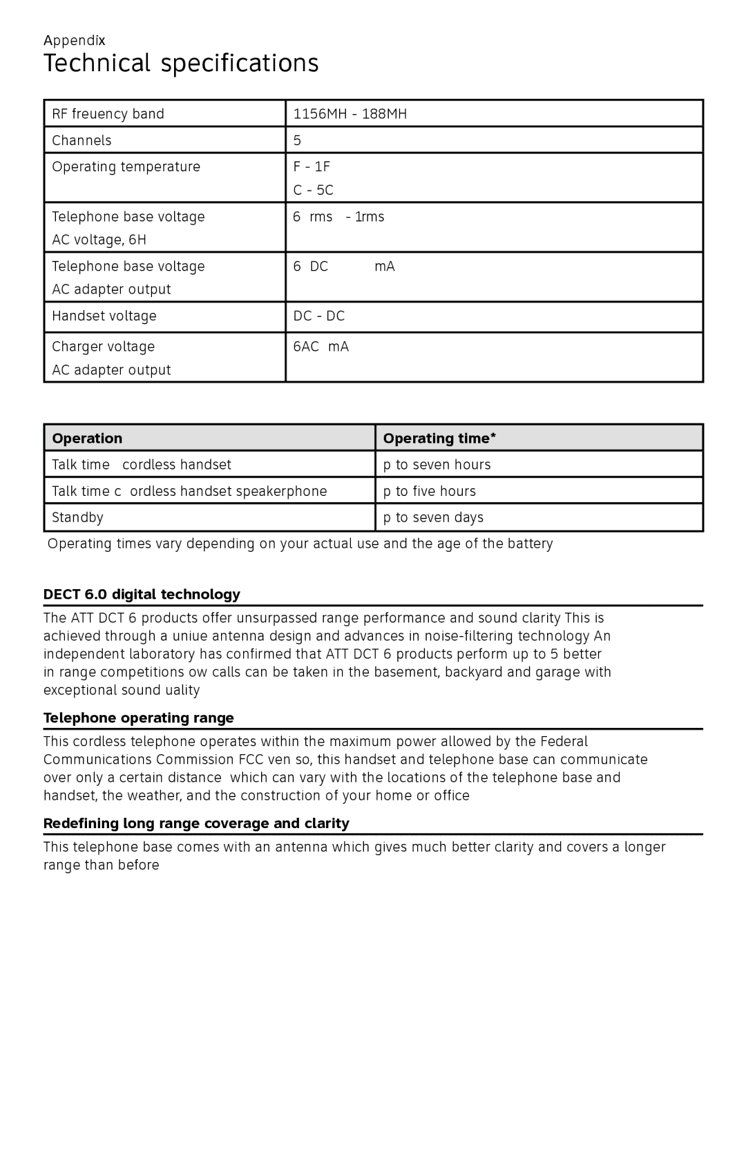 AT&T CL82450 Technical specifications, Operation Operating time, Dect 6.0 digital technology, Telephone operating range 