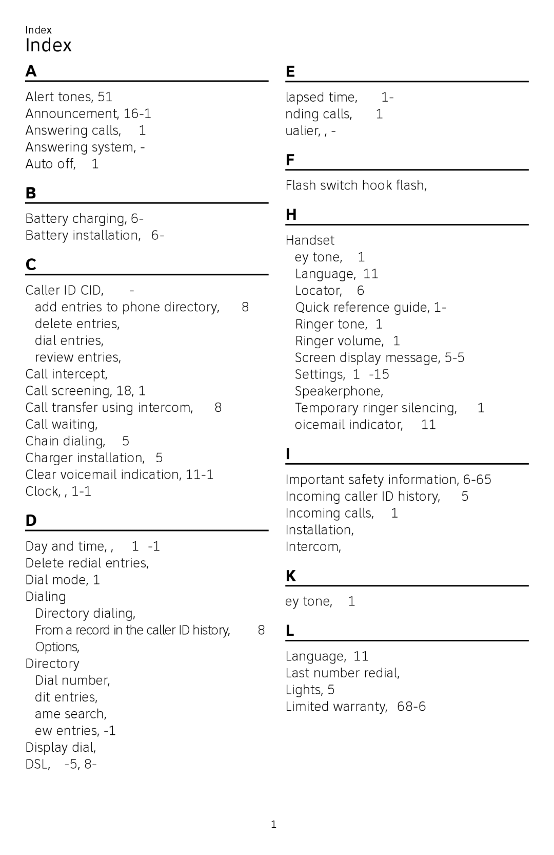 AT&T CL82450 user manual Index 