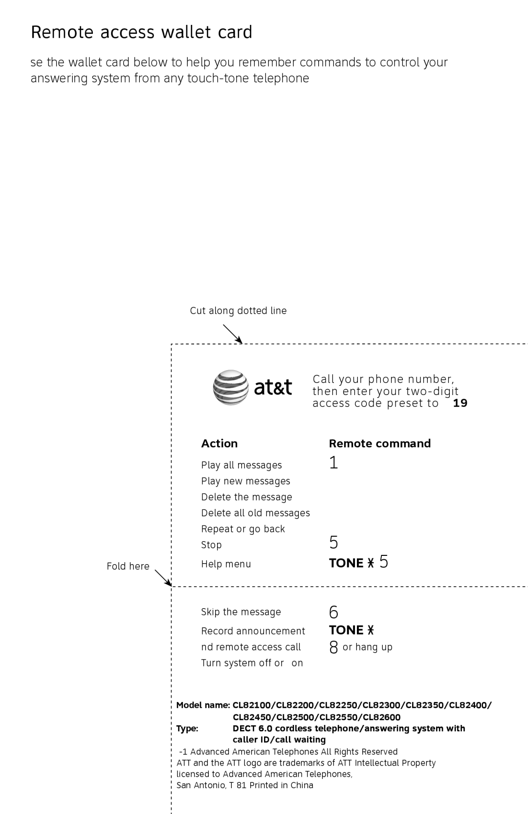 AT&T CL82450 user manual Remote access wallet card, Action Remote command 