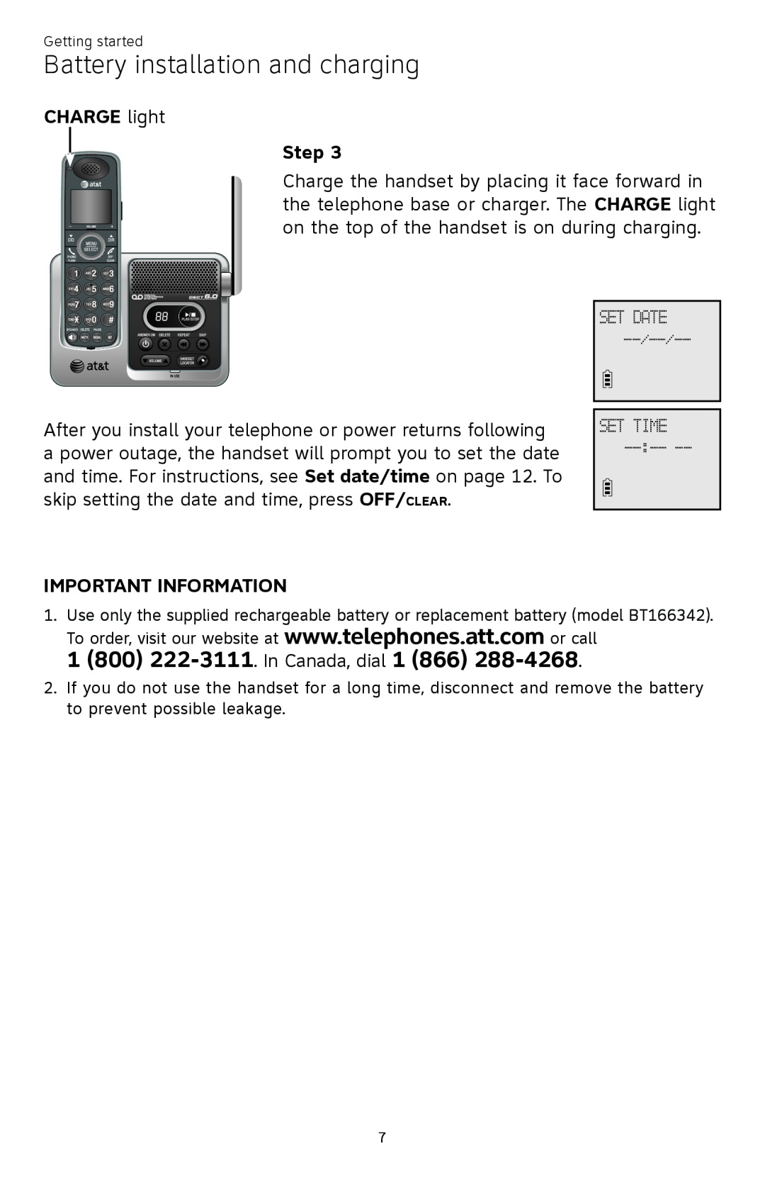 AT&T CL82450 user manual CHARGE light Step, Battery installation and charging, 1 800 222-3111. In Canada, dial 1 866 