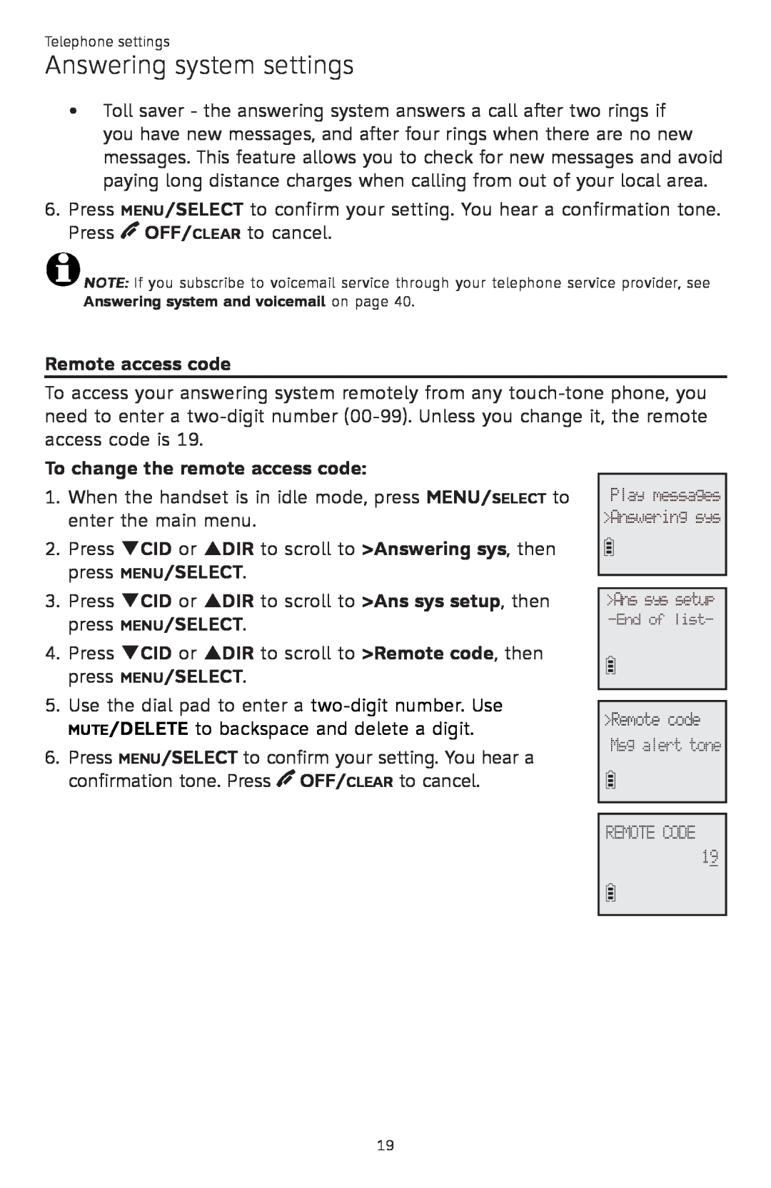 AT&T CL82450 user manual Remote access code, To change the remote access code, Answering system settings 