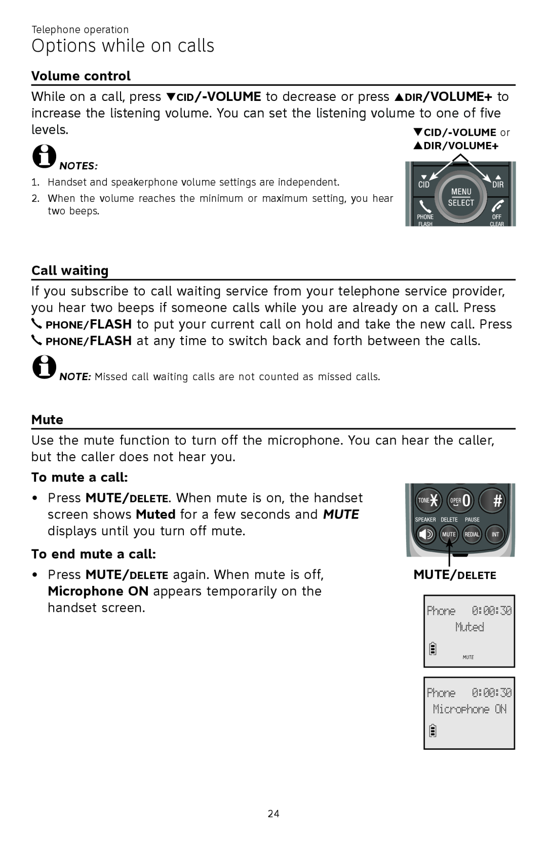 AT&T CL82450 user manual Options while on calls, Volume control, Call waiting, Mute, To mute a call, To end mute a call 