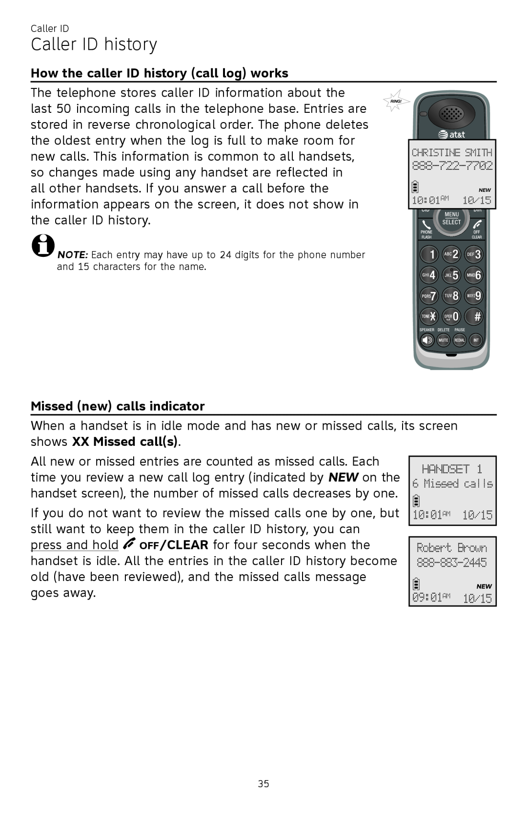 AT&T CL82450 user manual Caller ID history, How the caller ID history call log works, Missed new calls indicator 