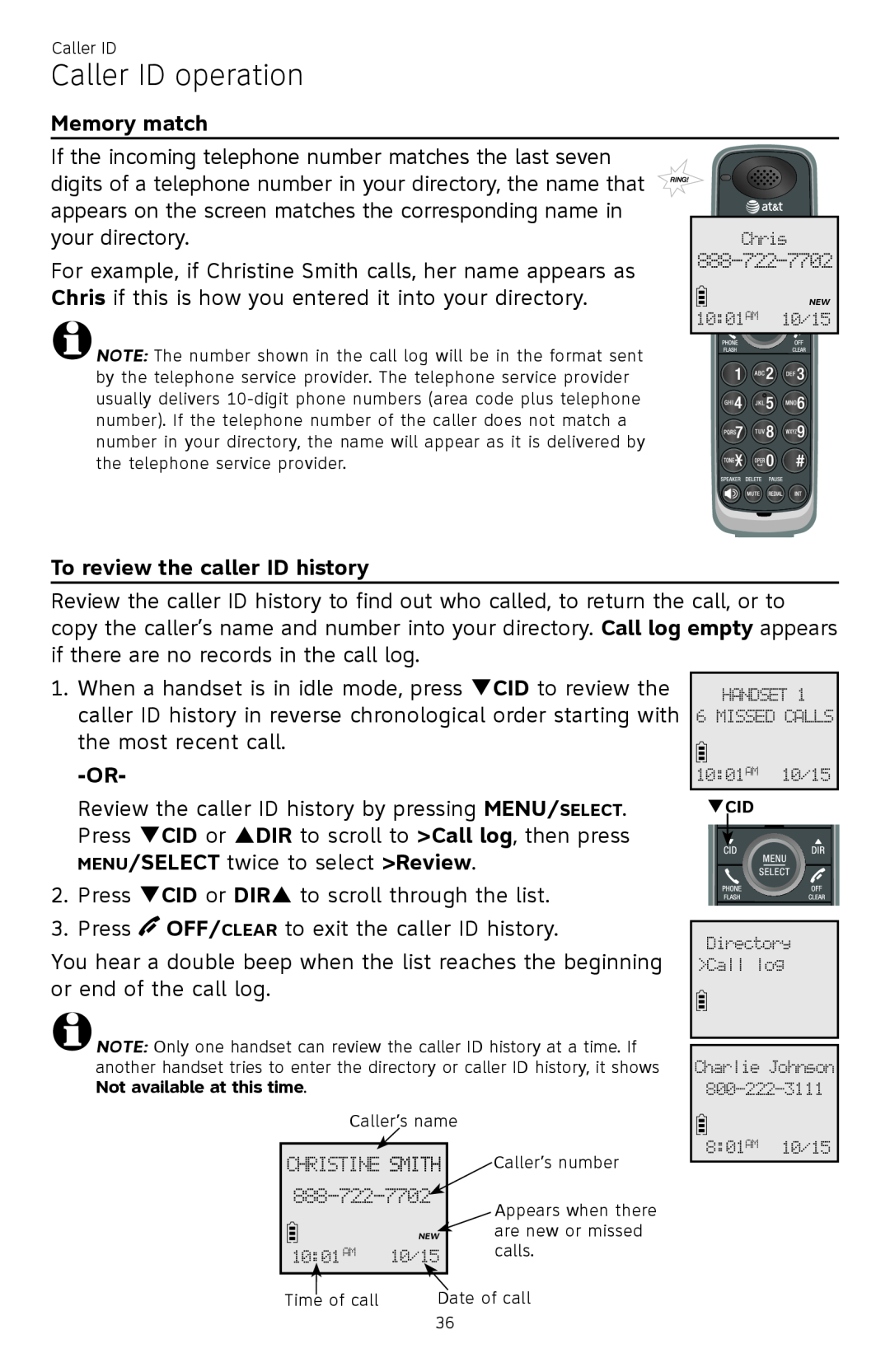 AT&T CL82450 user manual Caller ID operation, Memory match, To review the caller ID history 