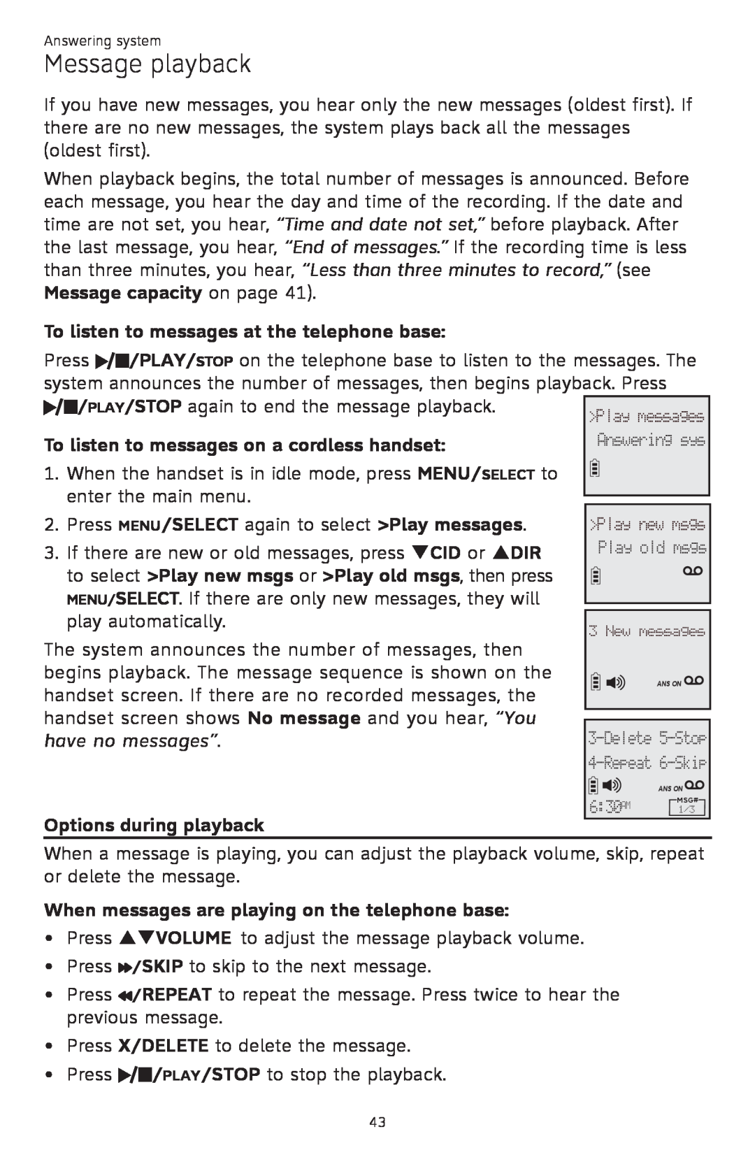 AT&T CL82450 Message playback, To listen to messages at the telephone base, To listen to messages on a cordless handset 