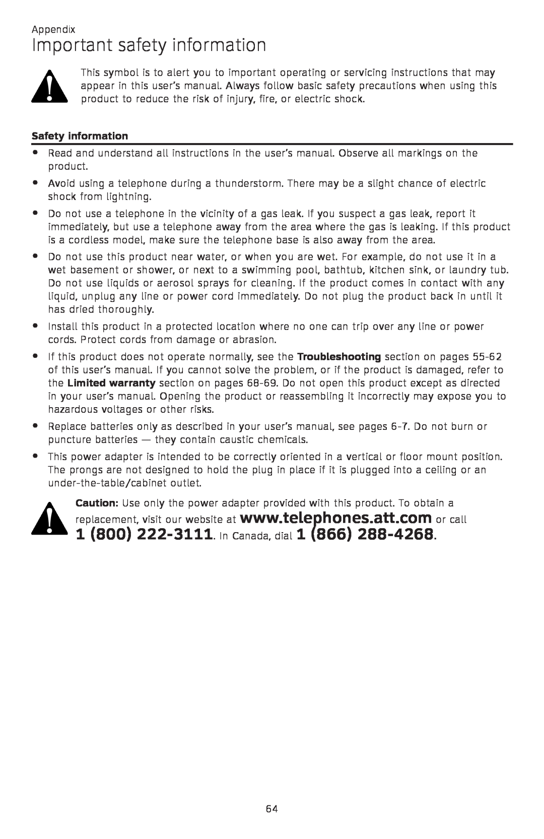 AT&T CL82450 user manual Important safety information, 1 800 222-3111. In Canada, dial 1 866, Safety information 