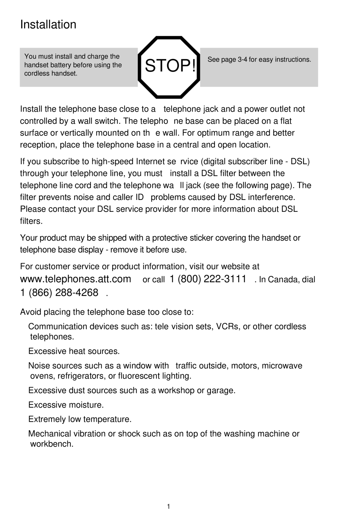 AT&T CL82359, CL82859, CL82609, CL82109, CL82209, CL82659, CL82309 Installation, Avoid placing the telephone base too close to 