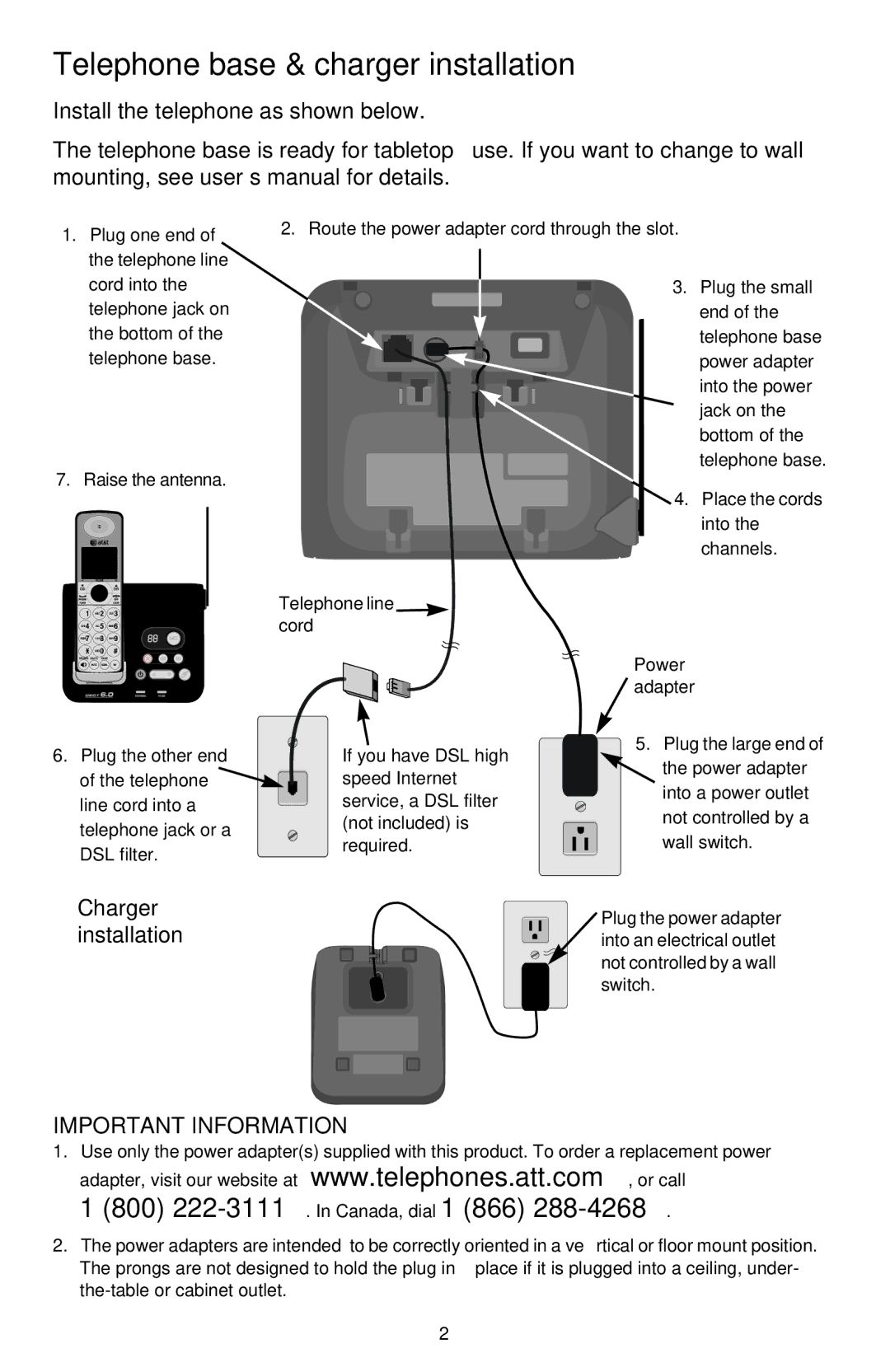 AT&T CL82109, CL82859, CL82609, CL82359 Telephone base & charger installation, Charger installation, Important Information 