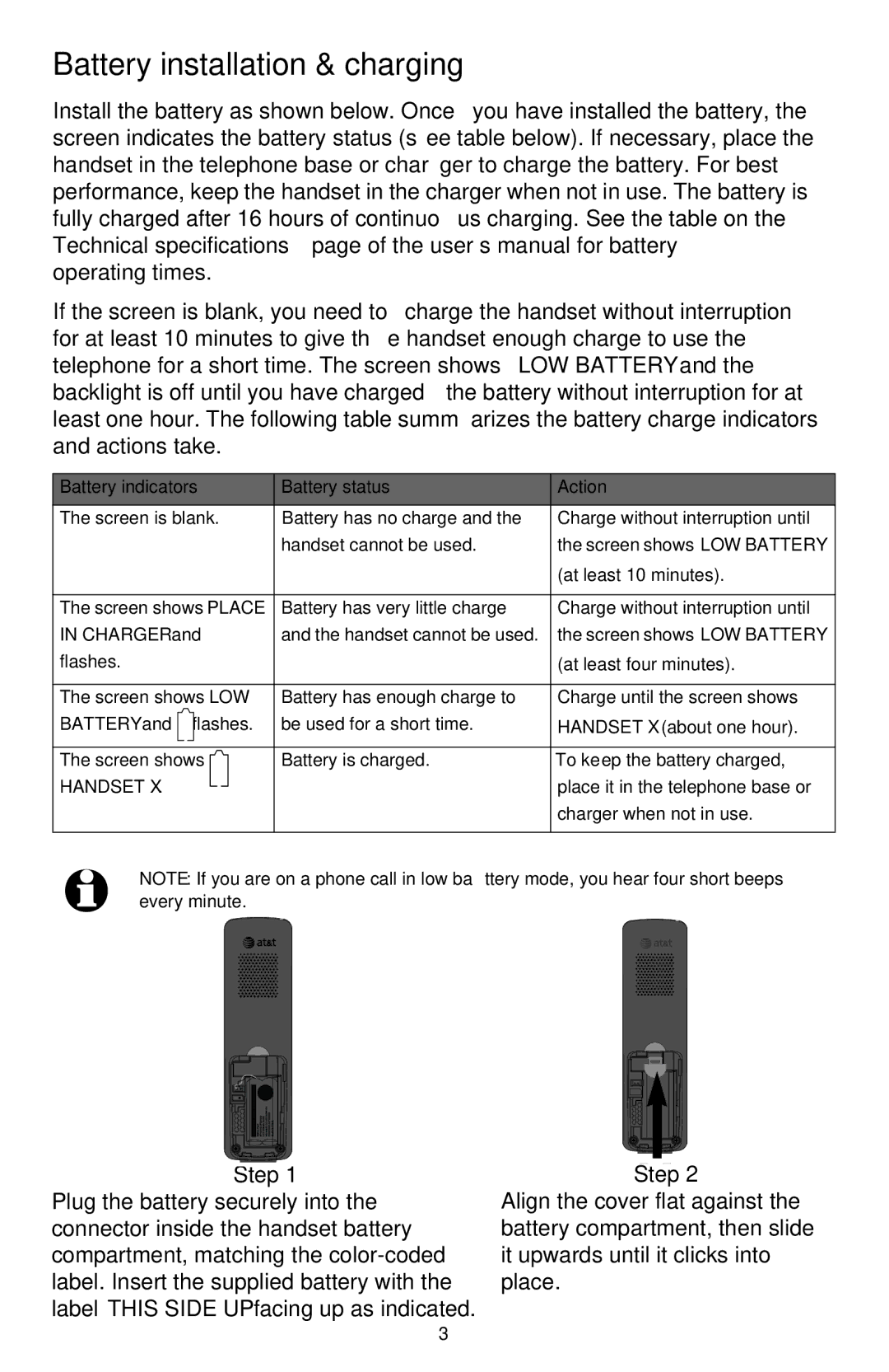 AT&T CL82209, CL82859, CL82609, CL82359, CL82109, CL82659, CL82309, CL82409, CL82509 Battery installation & charging, Step 