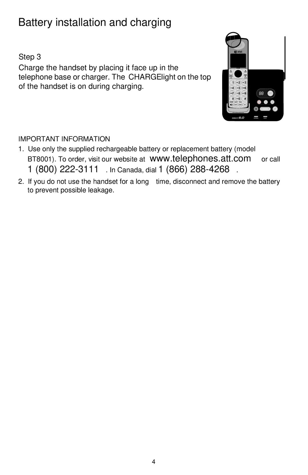 AT&T CL82659, CL82859, CL82609, CL82359, CL82109, CL82209, CL82309, CL82409, CL82509 quick start Battery installation and charging 