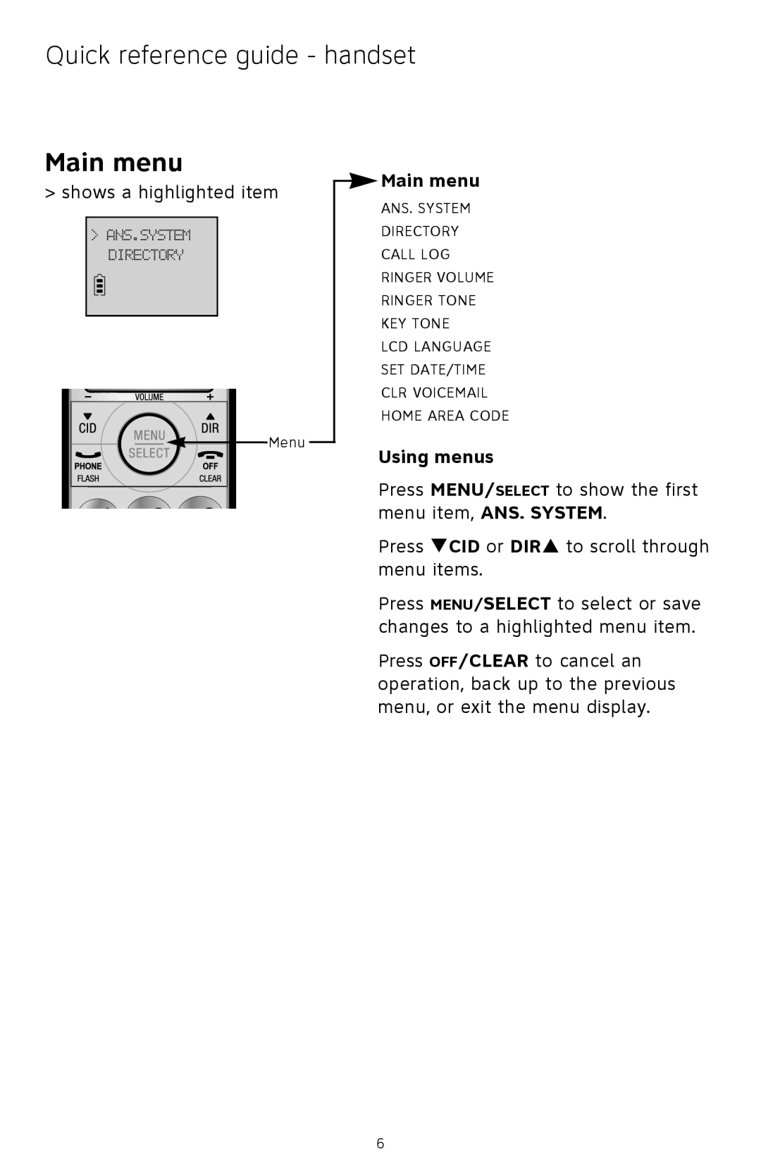 AT&T CL82409, CL82859, CL82609, CL82359, CL82109, CL82209, CL82659 Quick reference guide - handset, Main menu, Using menus 