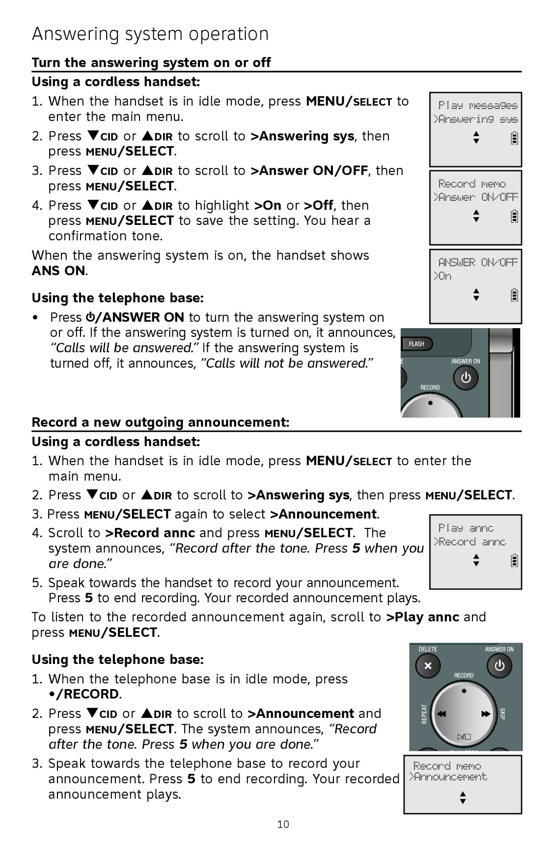 AT&T CL83201, CL83451, CL83401 Answering system operation, Record a new outgoing announcement Using a cordless handset 