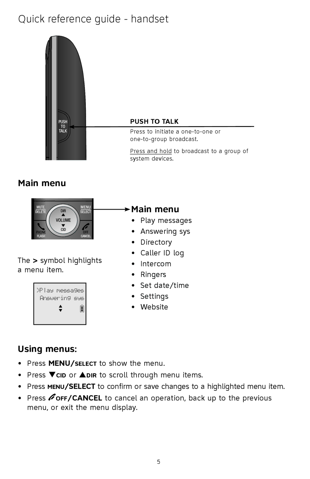 AT&T CL83451, CL83401, CL83351, CL83101, CL83301, CL83201 quick start Main menu, Push to Talk 