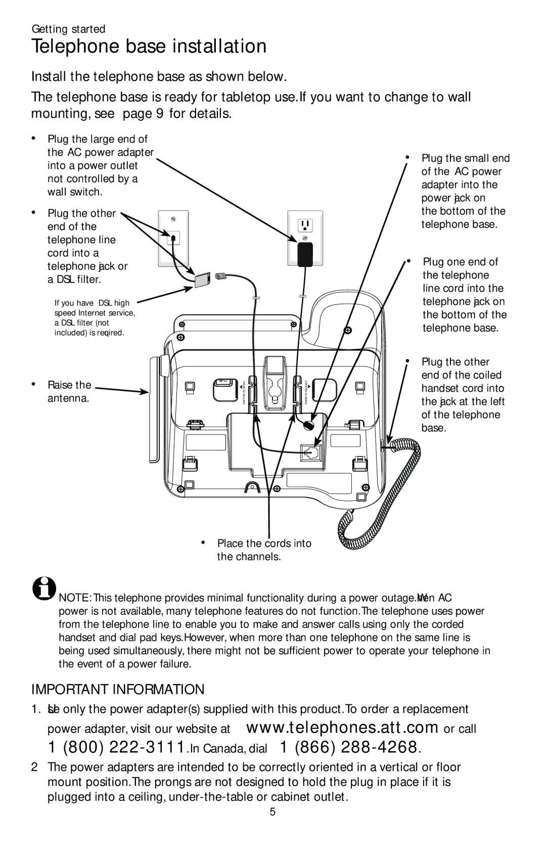 AT&T CL84250 user manual Telephone base installation, 800 222-3111. In Canada, dial 1 866 