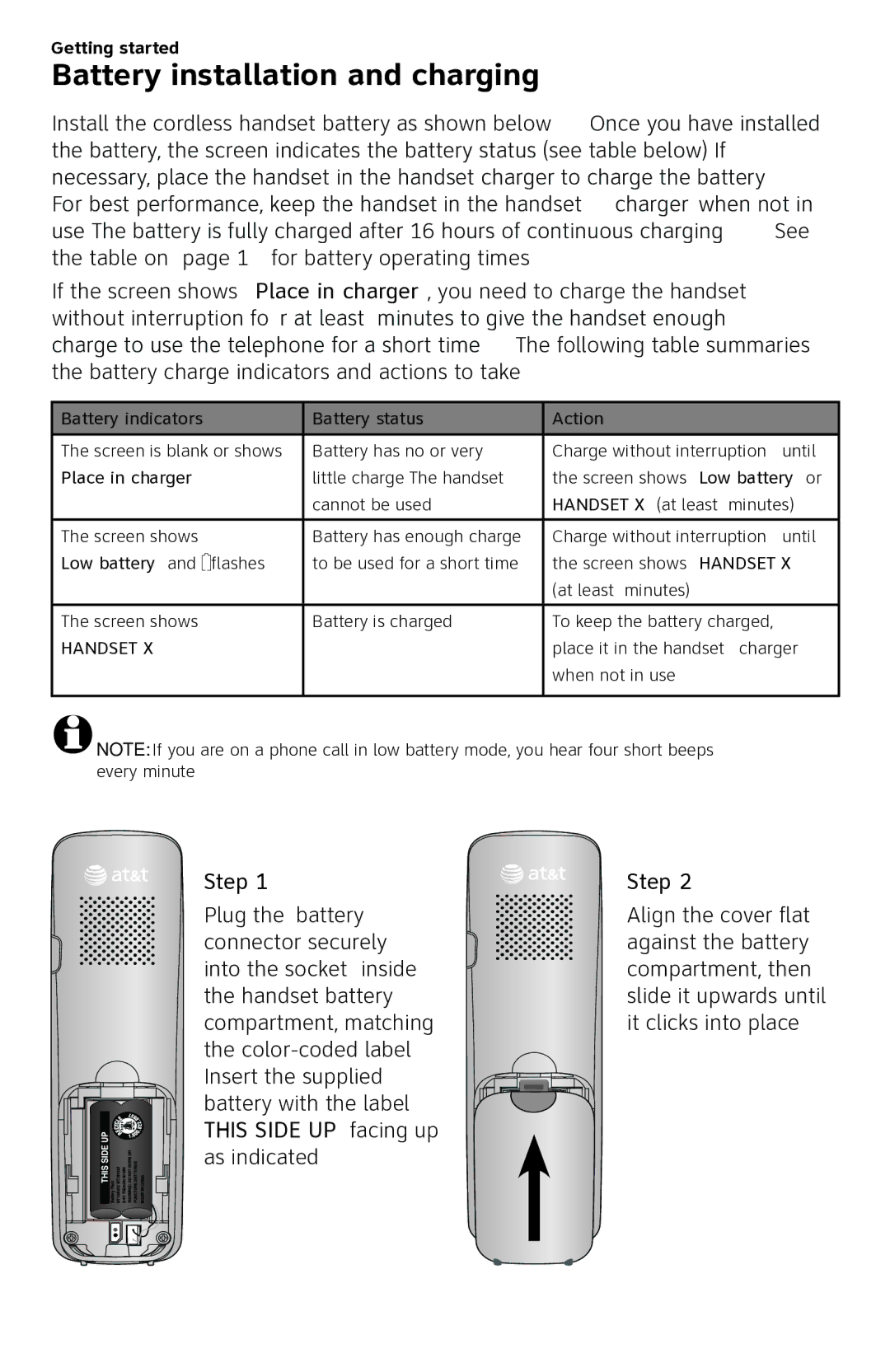 AT&T CL84250 user manual Battery installation and charging, Step 