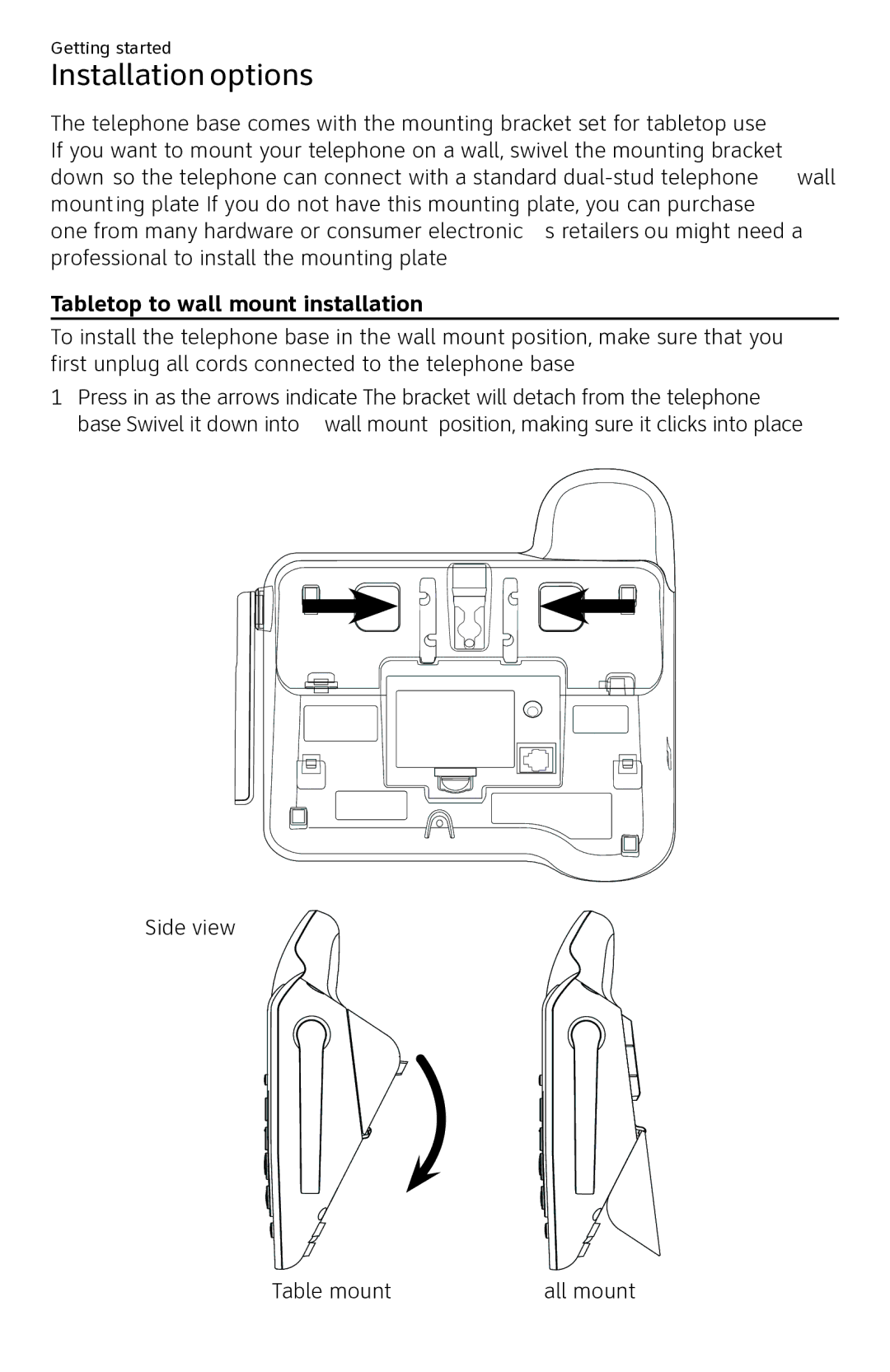 AT&T CL84250 user manual Installation options, Tabletop to wall mount installation 