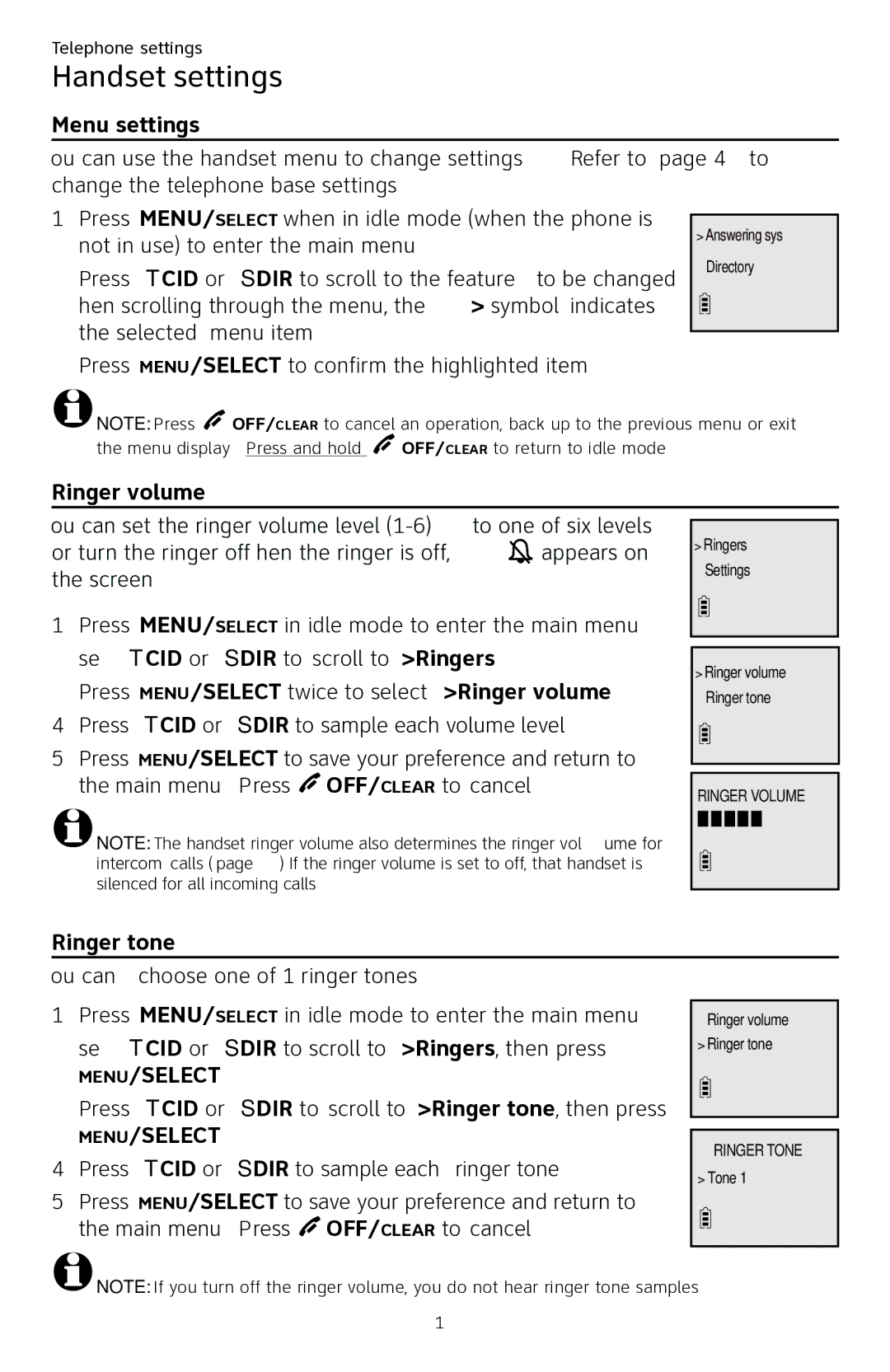 AT&T CL84250 user manual Handset settings, Menu settings, Ringer volume, Ringer tone 