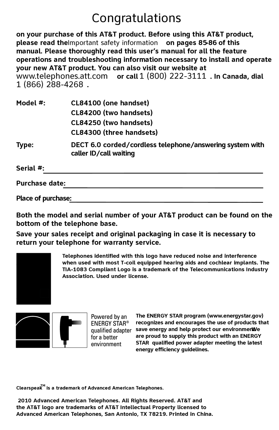 AT&T CL84250 user manual Congratulations 