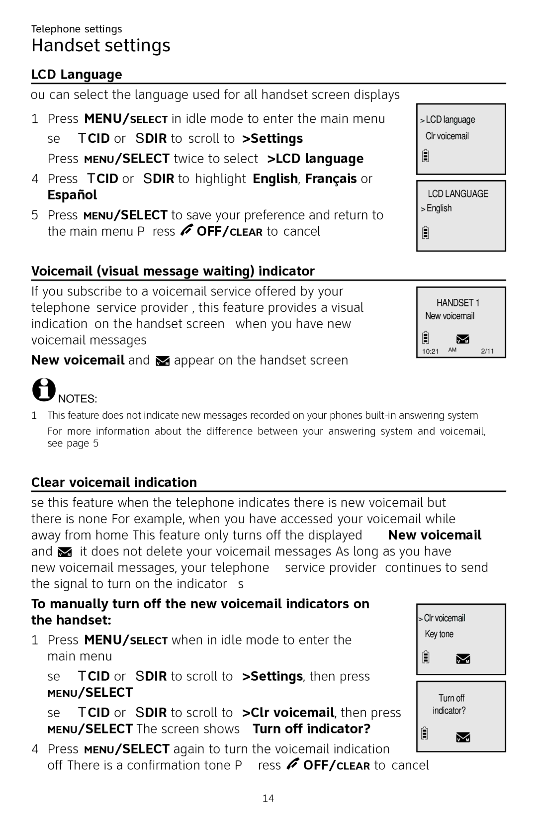 AT&T CL84250 user manual LCD Language, Voicemail visual message waiting indicator, Clear voicemail indication, Handset 