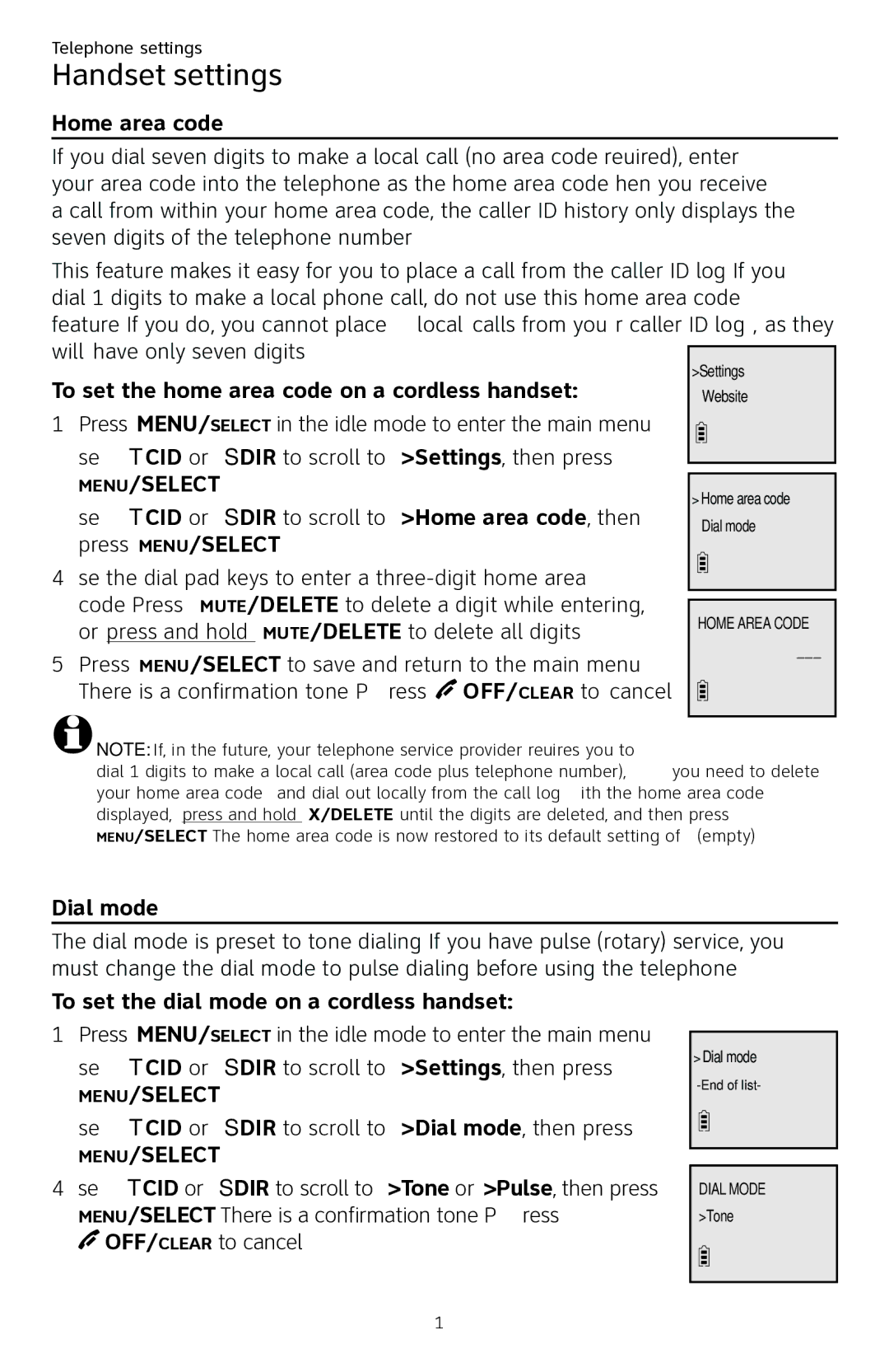 AT&T CL84250 user manual Home area code, To set the home area code on a cordless handset, Dial mode 