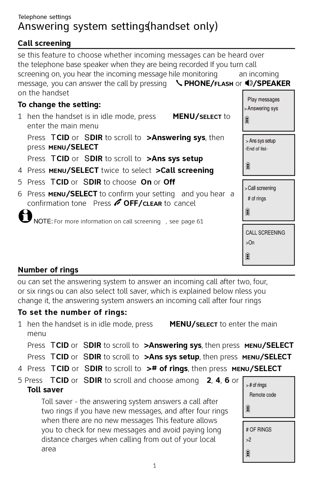 AT&T CL84250 user manual Call screening, To change the setting, Number of rings, To set the number of rings 