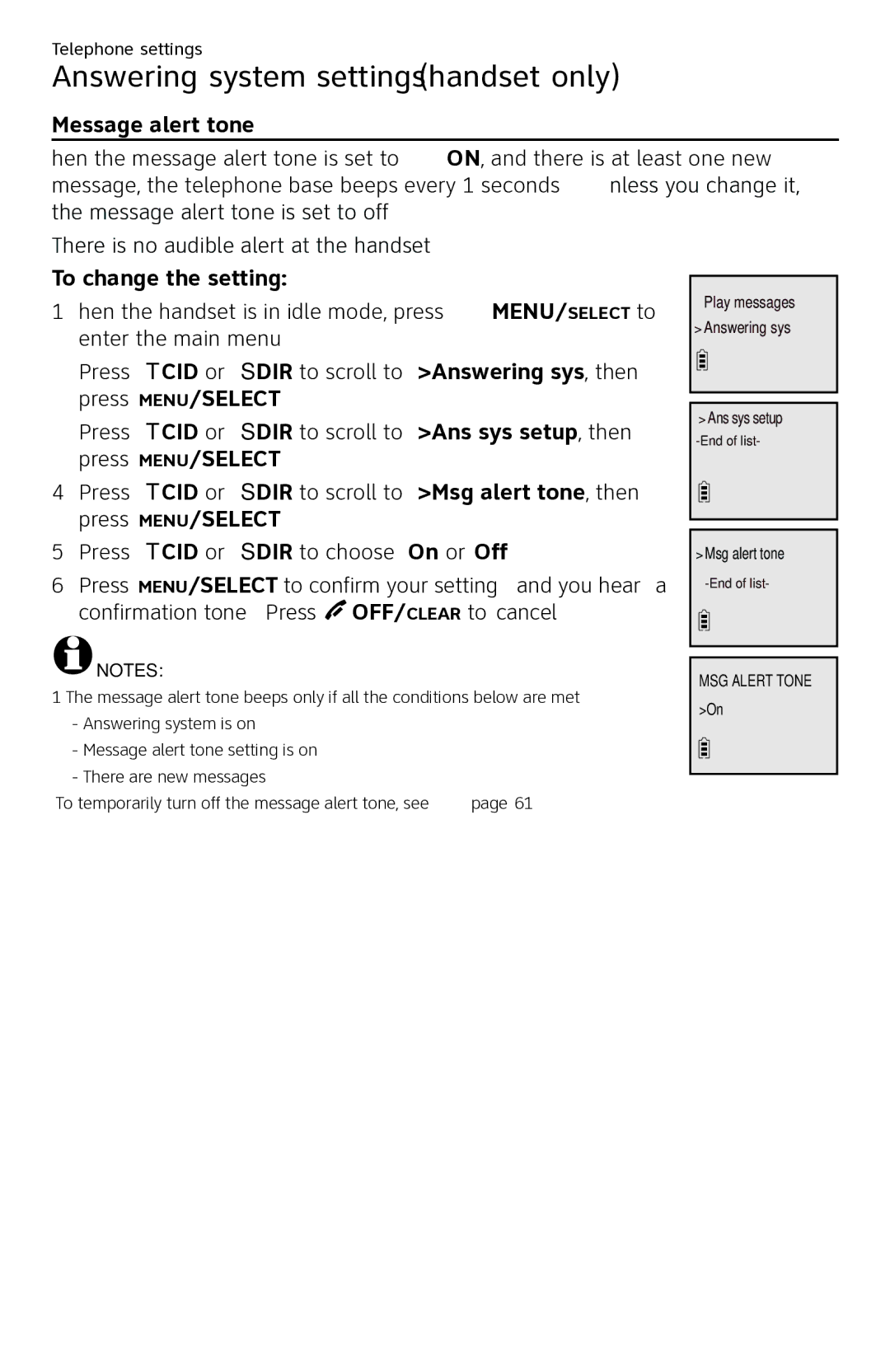 AT&T CL84250 user manual Message alert tone 