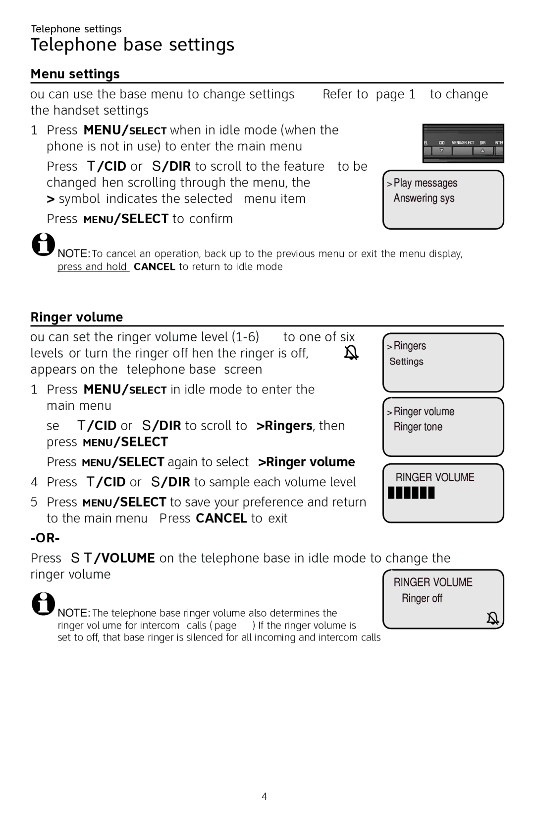 AT&T CL84250 user manual Telephone base settings, Menu settings 