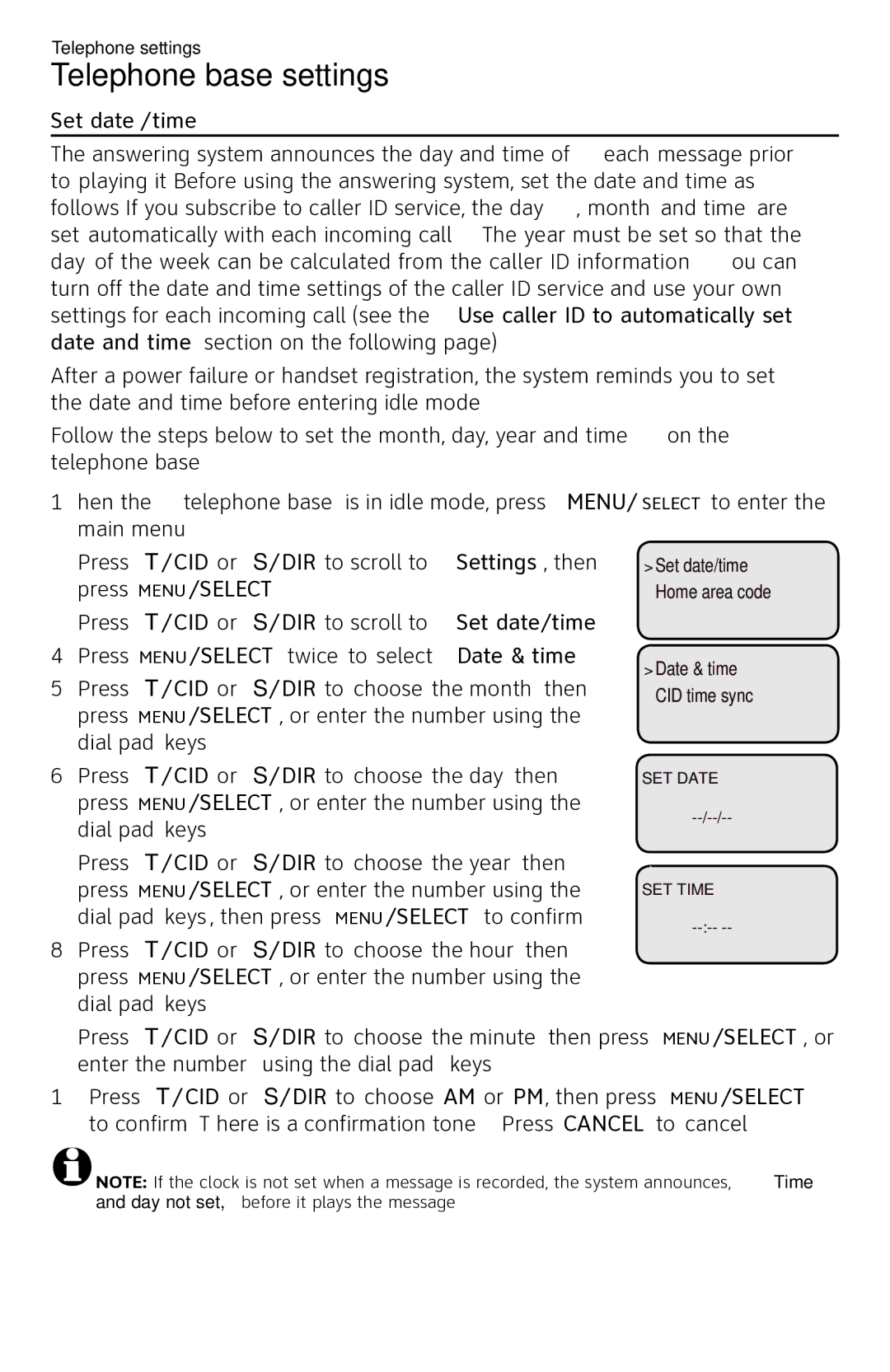 AT&T CL84250 user manual Press q/CID or p/DIR to scroll to Set date/time 