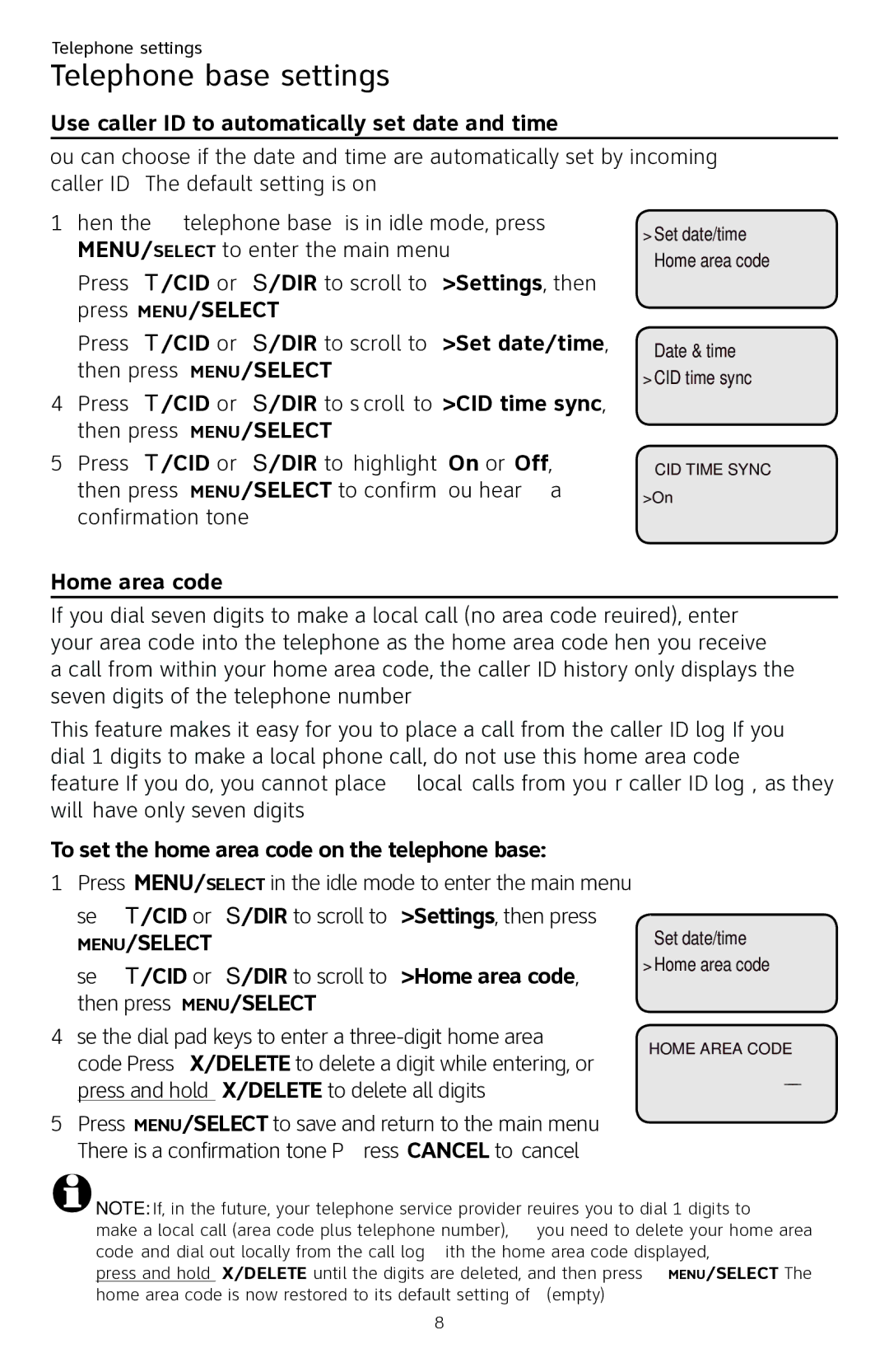 AT&T CL84250 user manual Use caller ID to automatically set date and time, To set the home area code on the telephone base 