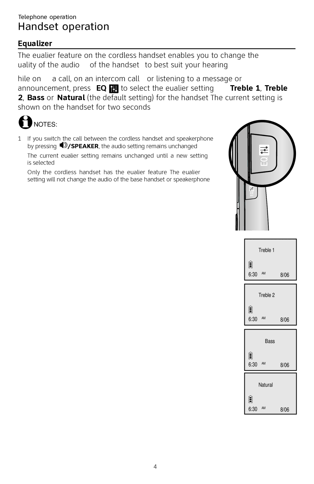 AT&T CL84250 user manual Handset operation, Equalizer 