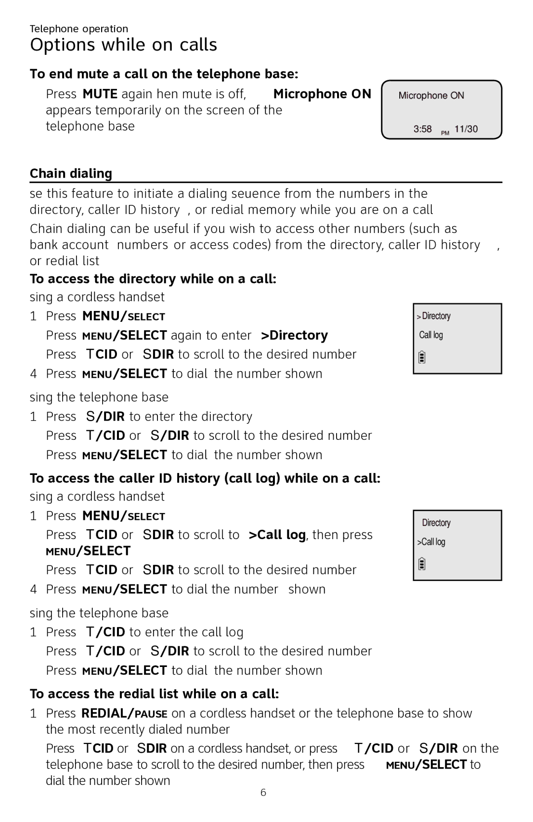 AT&T CL84250 user manual To end mute a call on the telephone base, Chain dialing, To access the directory while on a call 