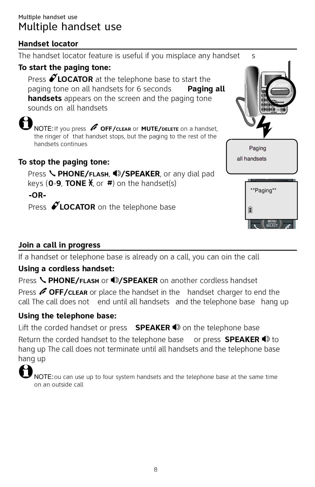 AT&T CL84250 user manual Multiple handset use, Handset locator, To start the paging tone, To stop the paging tone 
