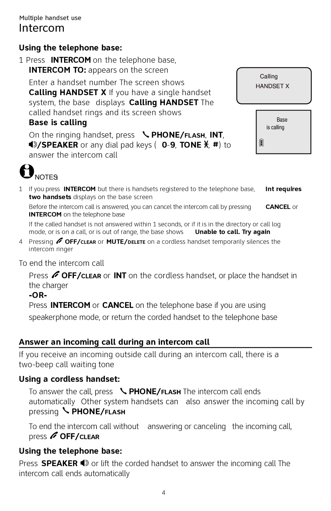 AT&T CL84250 user manual Base is calling, Answer an incoming call during an intercom call 