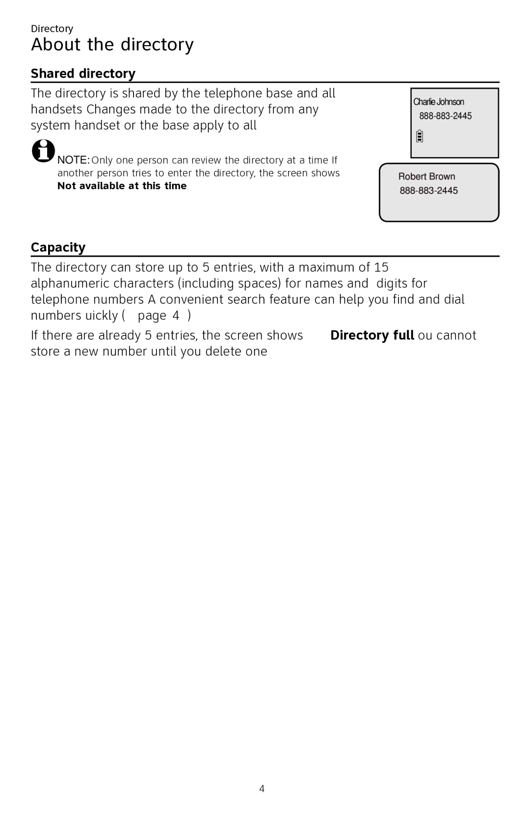 AT&T CL84250 user manual About the directory, Shared directory, Capacity 