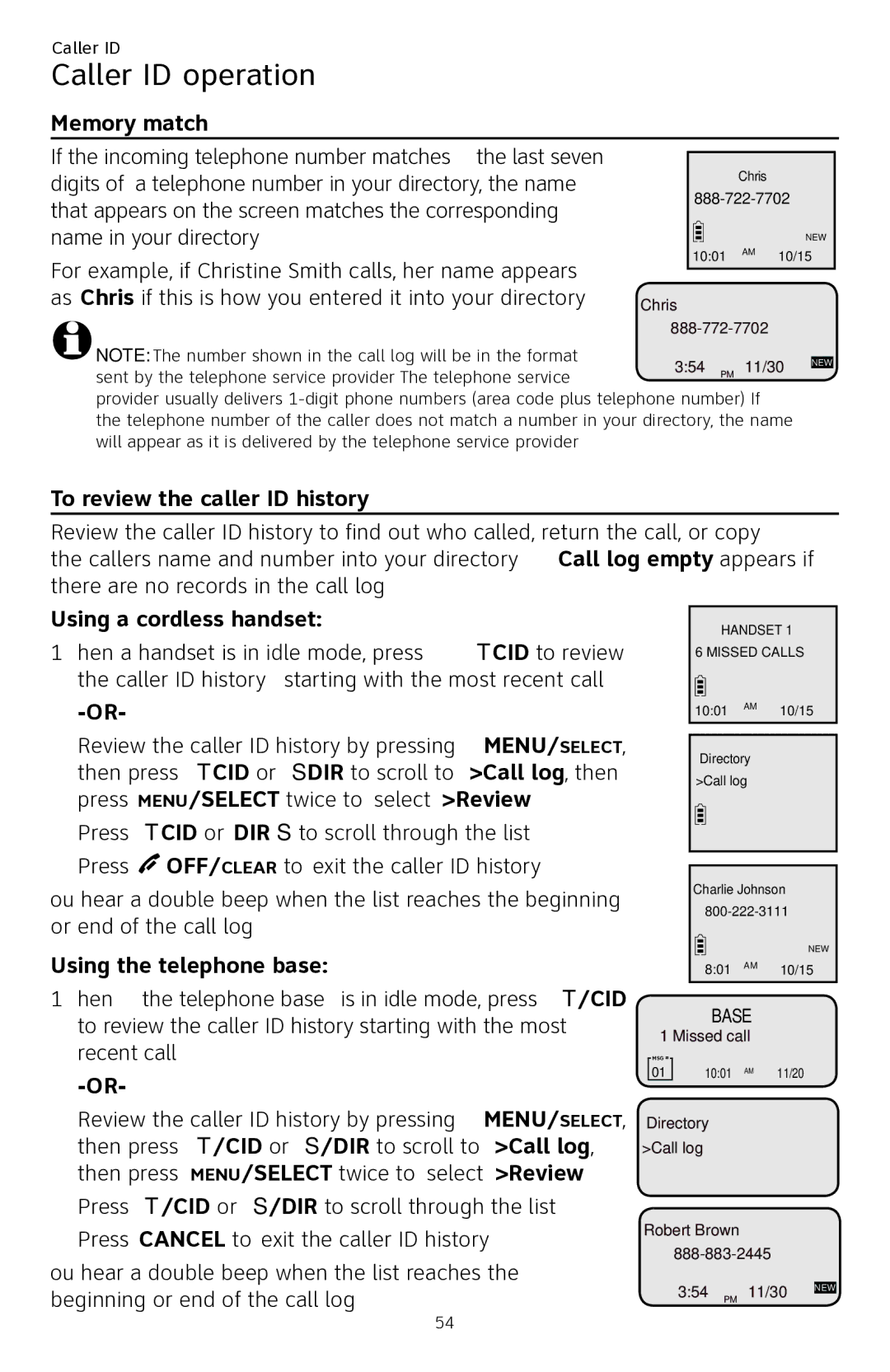 AT&T CL84250 user manual Caller ID operation, Memory match, To review the caller ID history 