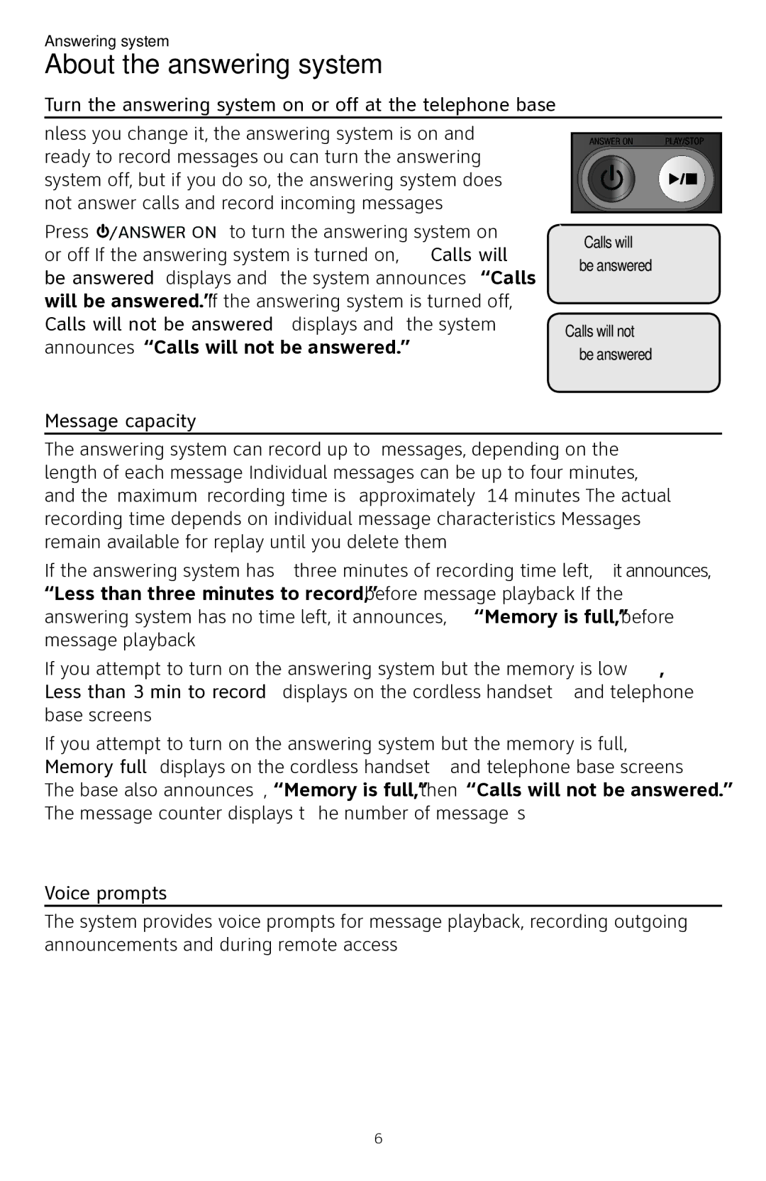 AT&T CL84250 user manual Turn the answering system on or off at the telephone base, Message capacity, Voice prompts 