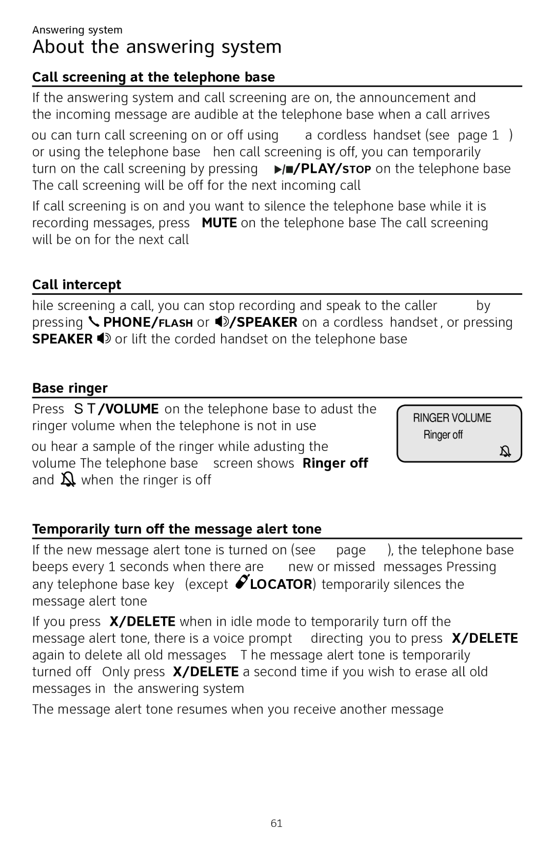 AT&T CL84250 user manual Call screening at the telephone base, Call intercept, Base ringer 