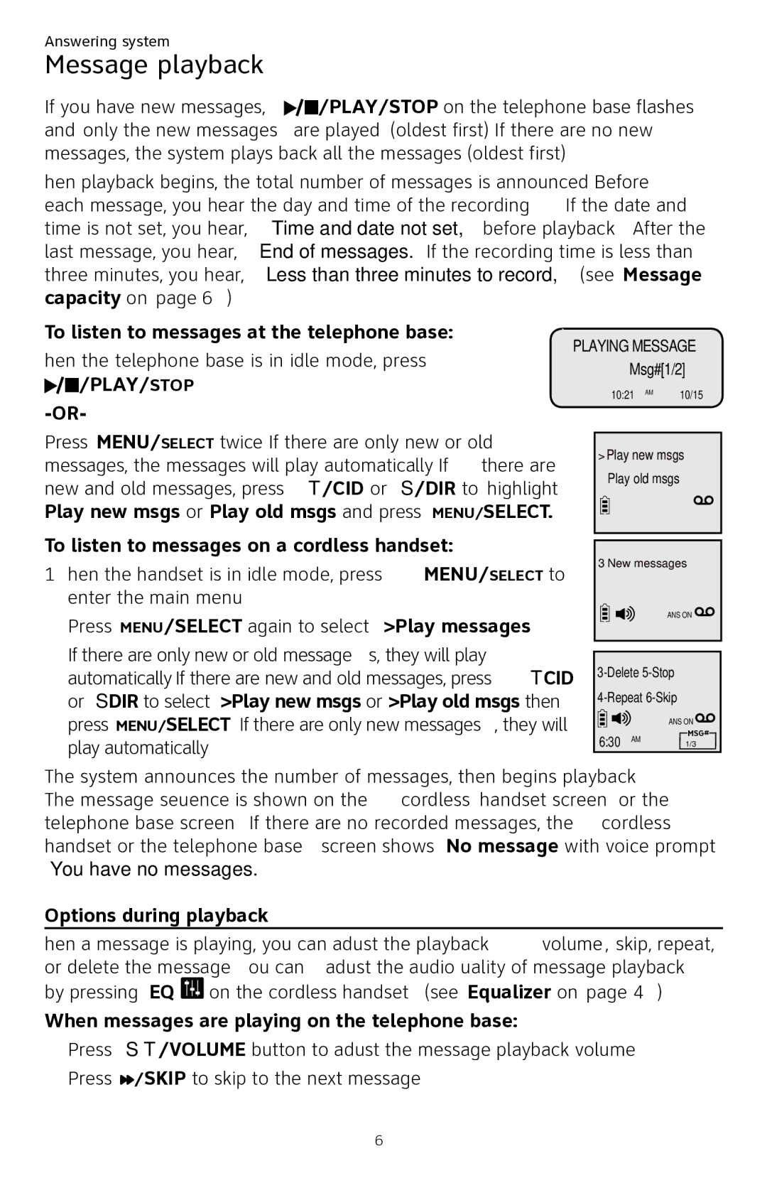 AT&T CL84250 user manual Message playback, To listen to messages at the telephone base, Options during playback 