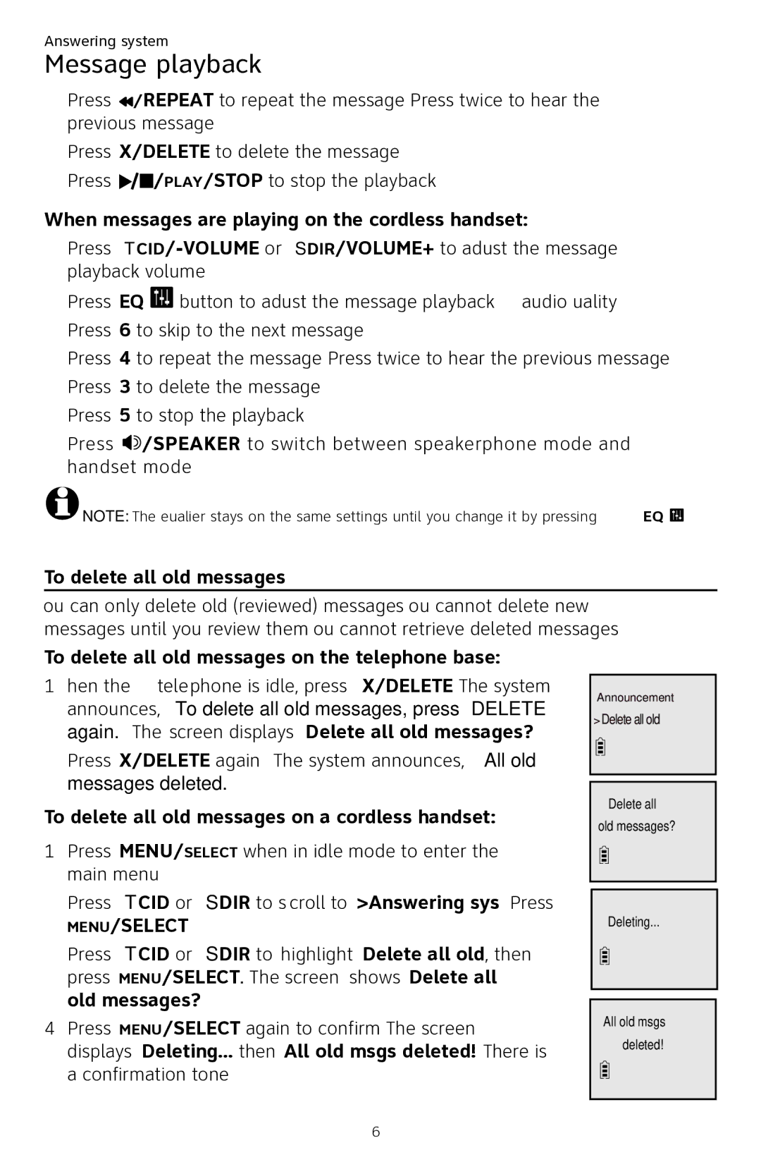 AT&T CL84250 user manual When messages are playing on the cordless handset, To delete all old messages 