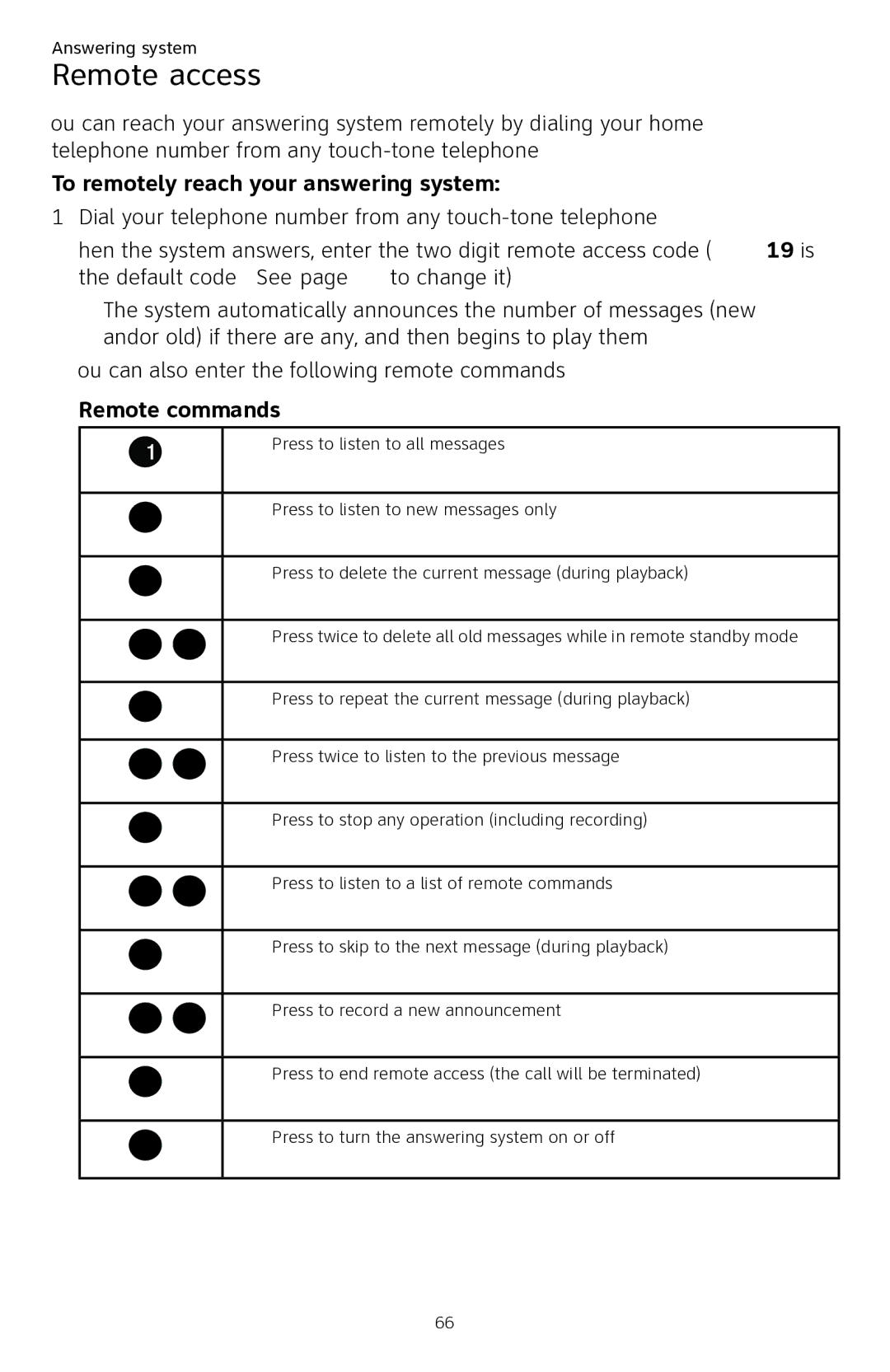 AT&T CL84250 user manual Remote access, To remotely reach your answering system, Remote commands 