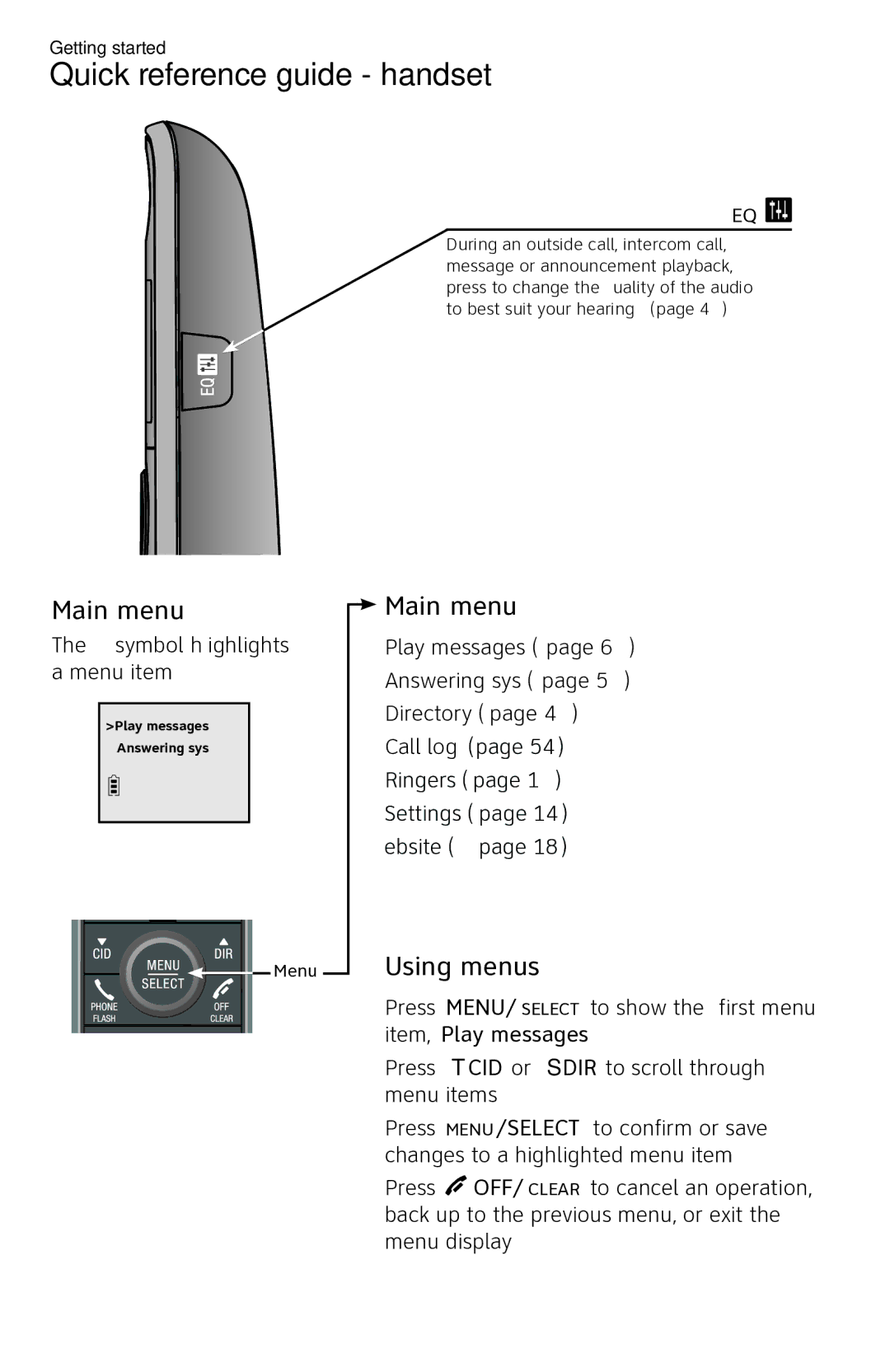 AT&T CL84250 user manual Main menu 