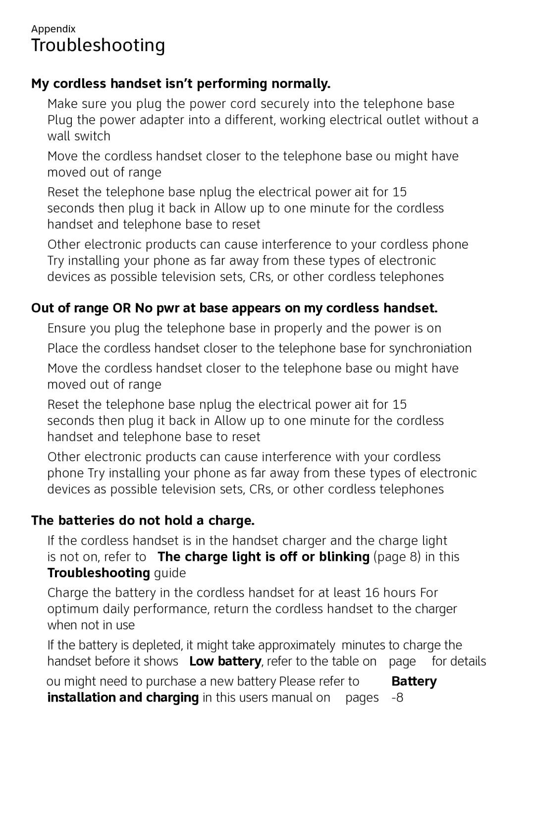 AT&T CL84250 user manual My cordless handset isn’t performing normally, Batteries do not hold a charge 