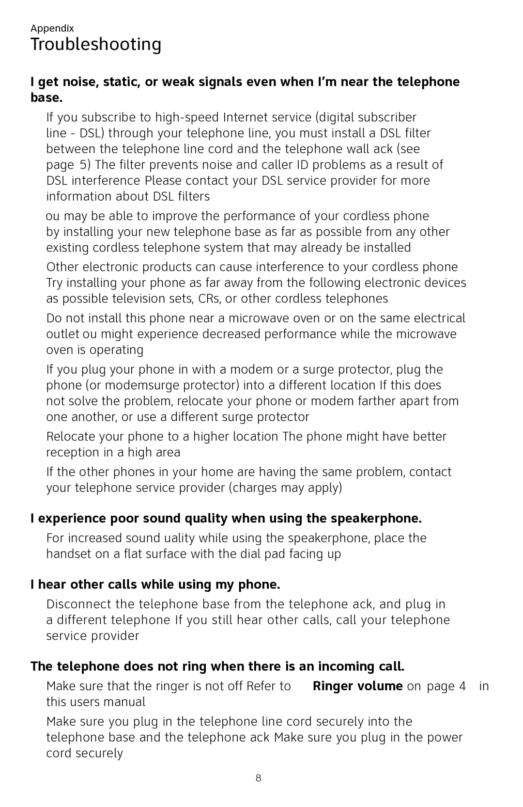 AT&T CL84250 user manual Experience poor sound quality when using the speakerphone, Hear other calls while using my phone 