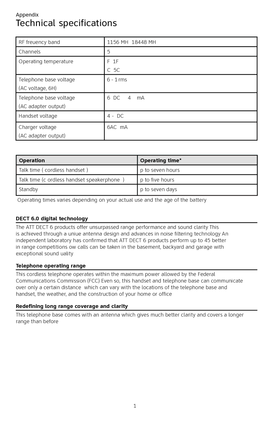 AT&T CL84250 user manual Technical specifications, Operation Operating time 