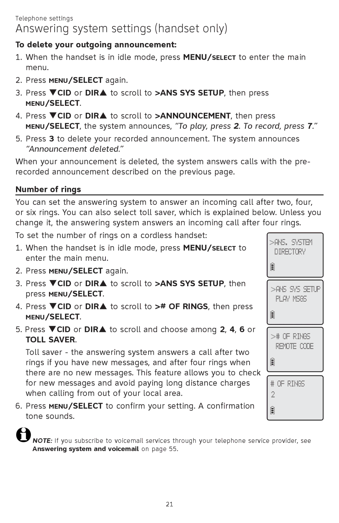 AT&T CL84309, CL84209, CL84109 user manual To delete your outgoing announcement, Number of rings, Toll Saver 