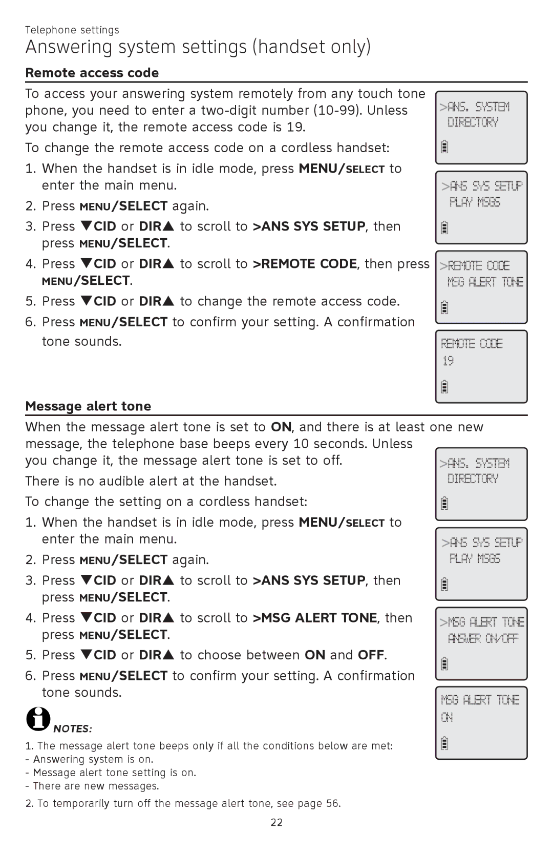 AT&T CL84209, CL84309, CL84109 user manual Remote access code, Message alert tone 