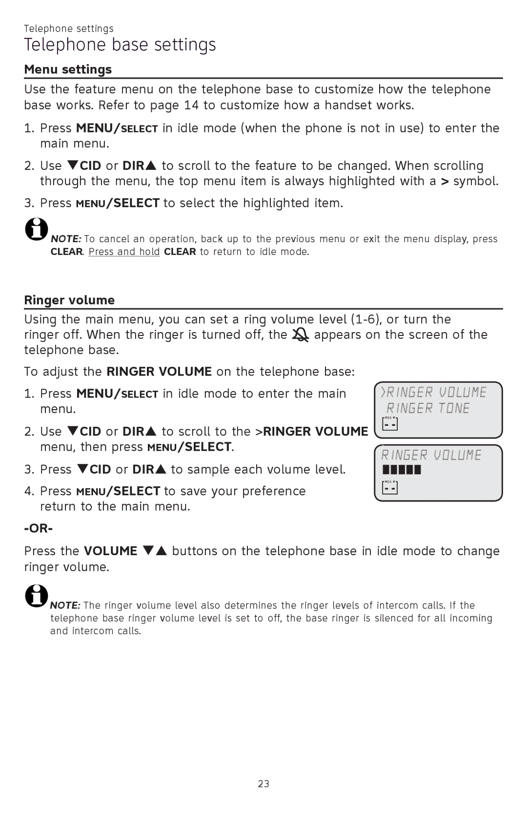 AT&T CL84109, CL84309, CL84209 user manual Telephone base settings, Ringer Volume 