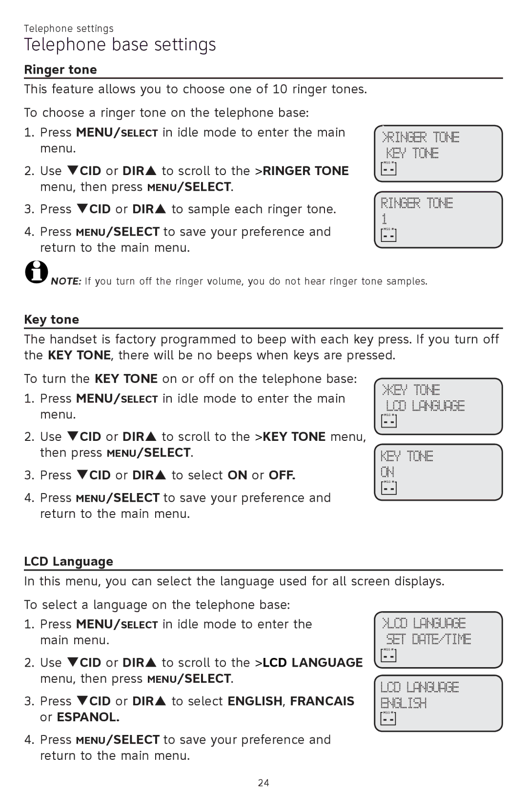 AT&T CL84309, CL84209, CL84109 user manual Ringer Tone KEY Tone 