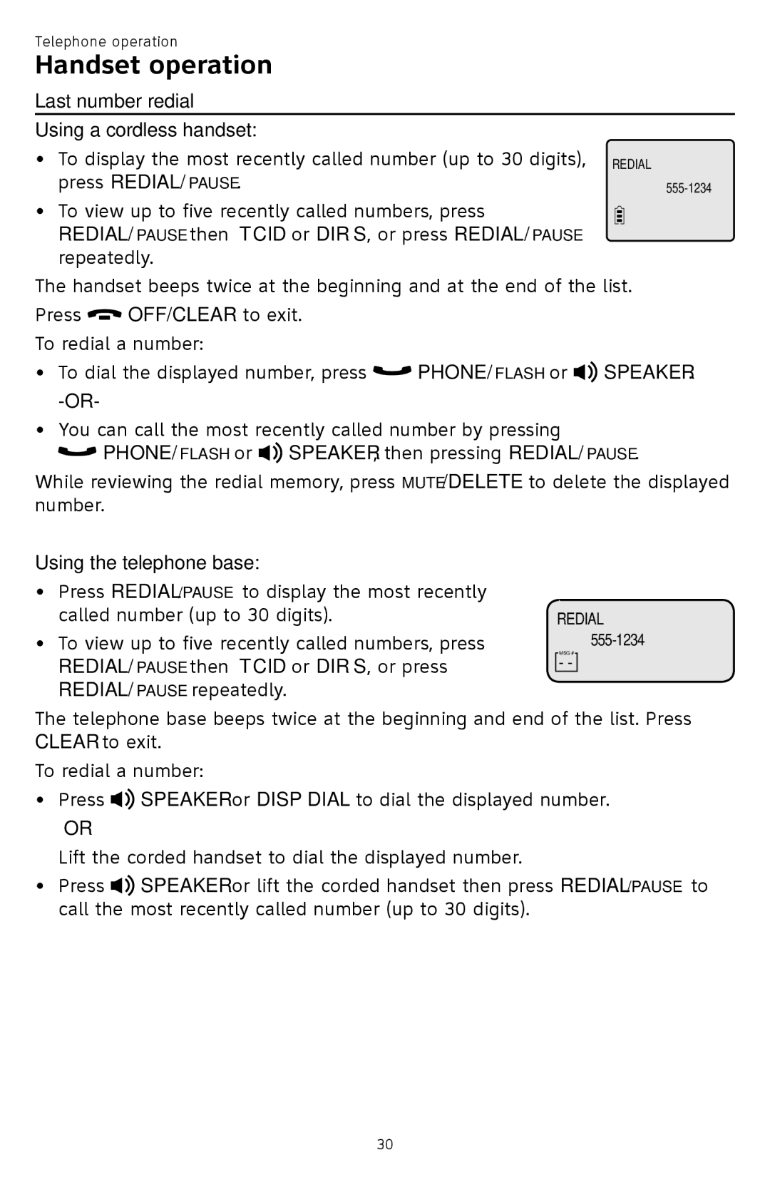 AT&T CL84309 Handset operation, Last number redial Using a cordless handset, Press OFF/CLEAR to exit. To redial a number 