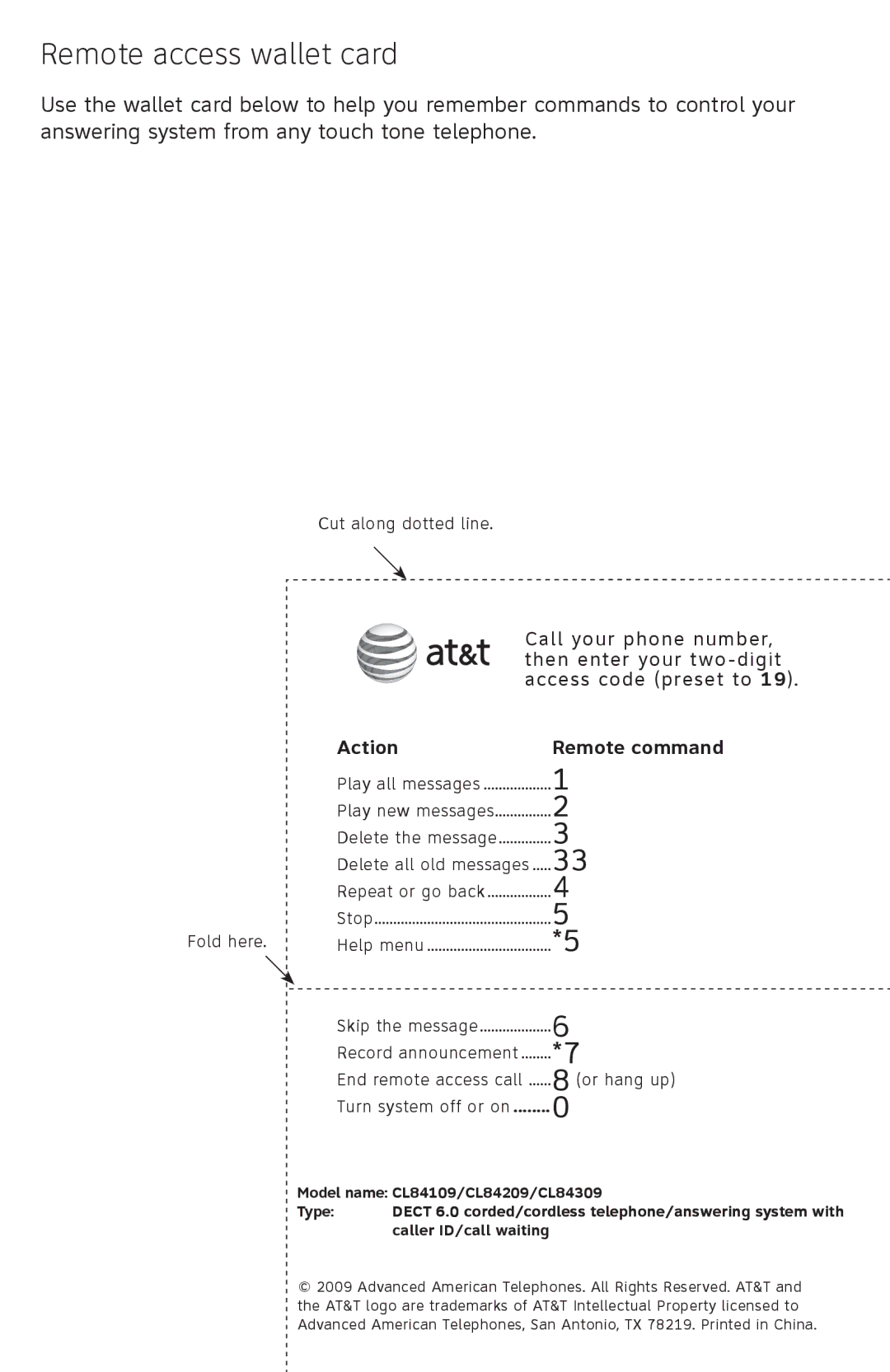 AT&T CL84209, CL84309, CL84109 user manual Remote access wallet card, Action Remote command 